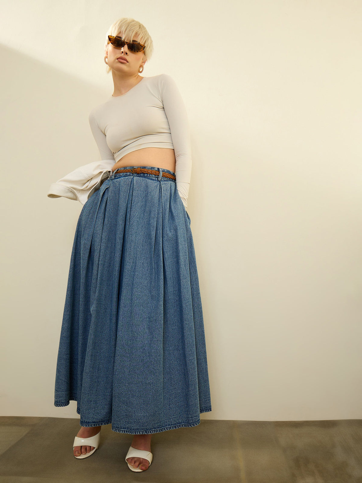 Blue Denim Acid Wash Box Pleated Maxi Skirt-SASSAFRAS