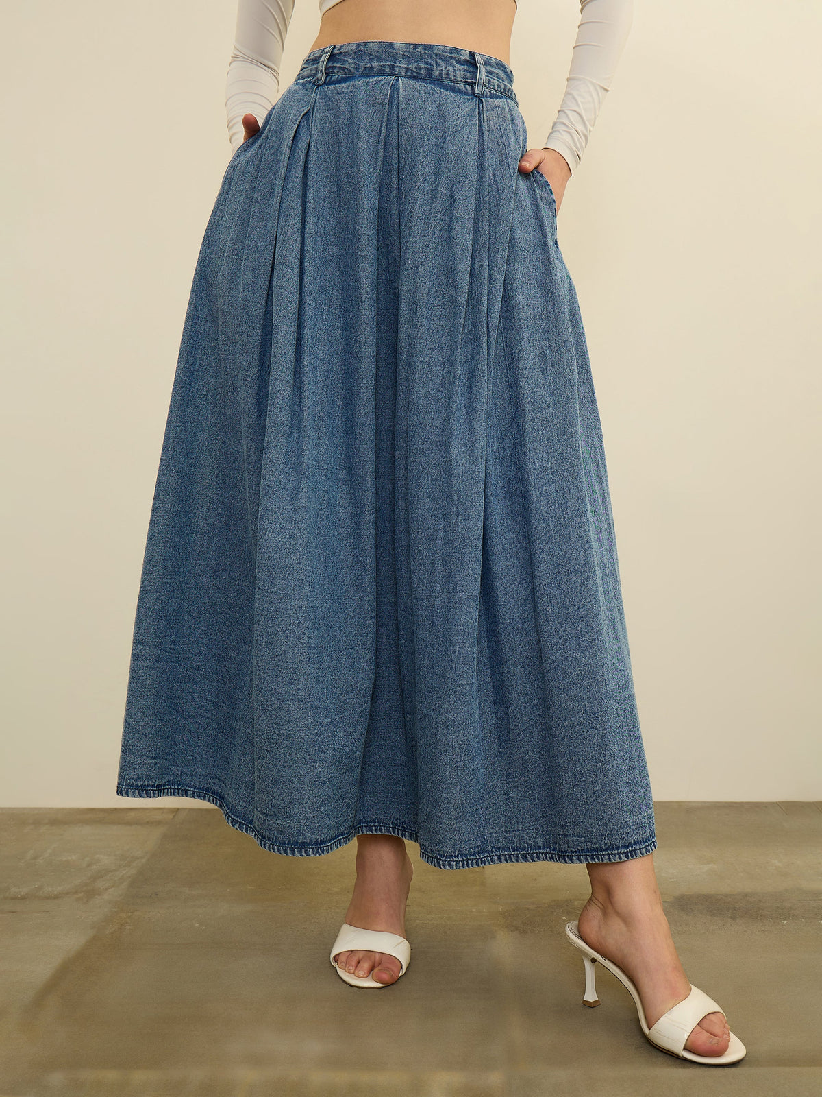 Blue Denim Acid Wash Box Pleated Maxi Skirt-SASSAFRAS
