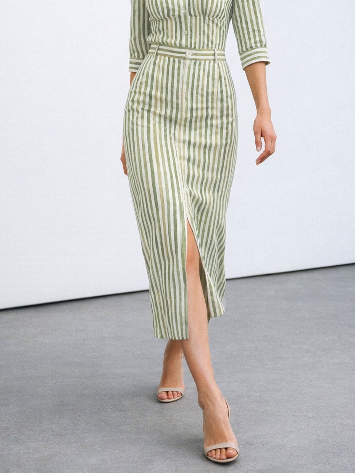 Green Linen Striped Front Slit A-Line Midi Skirt-SASSAFRAS worklyf