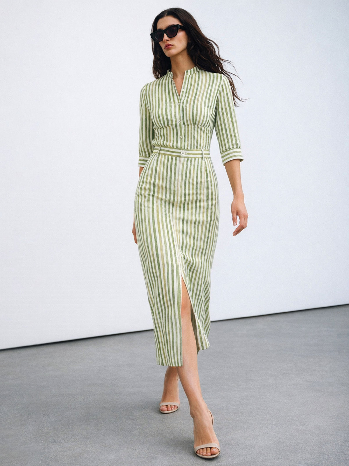 Green Linen Striped Front Slit A-Line Midi Skirt-SASSAFRAS worklyf
