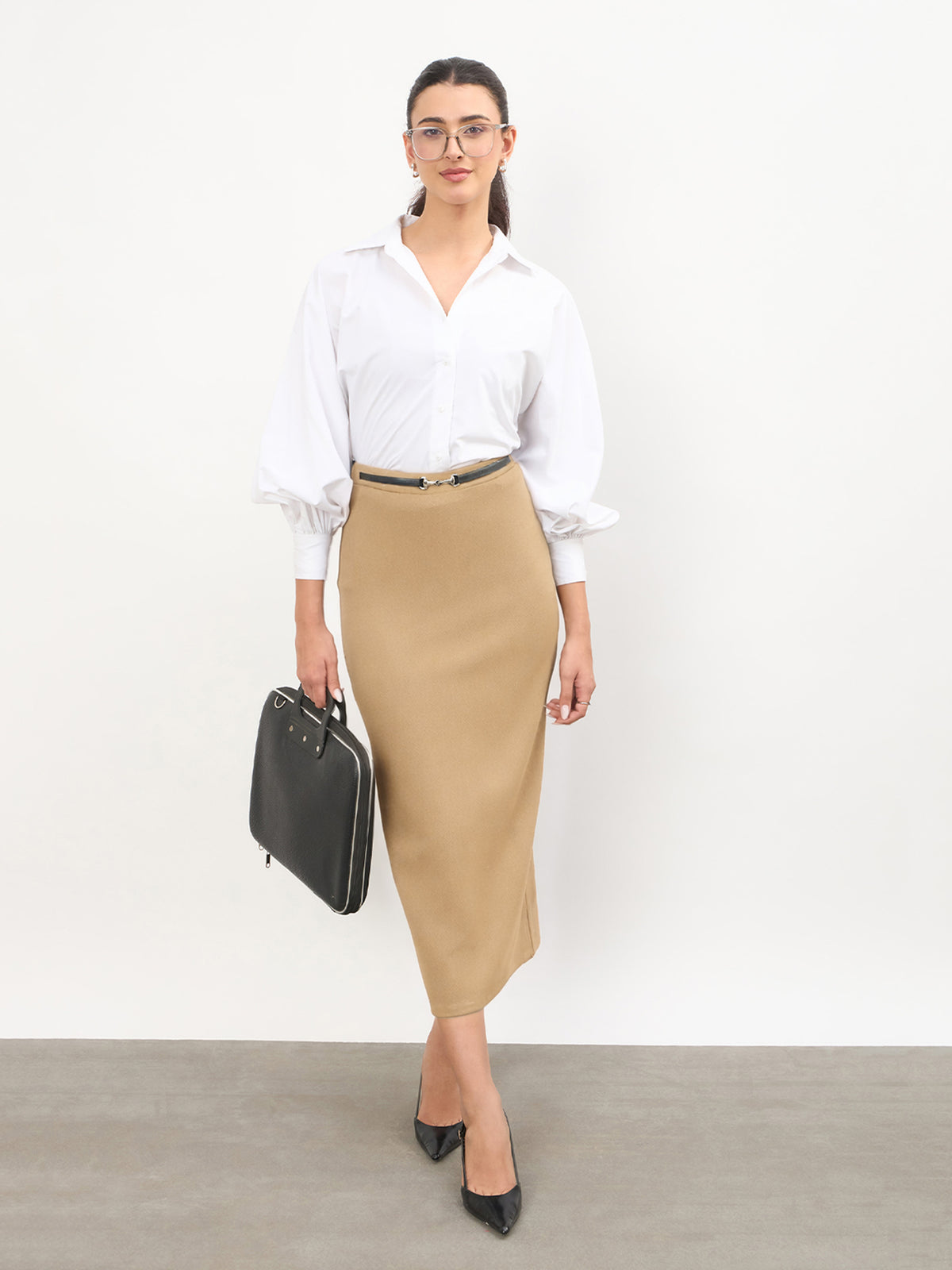 Brown Front Metal Trim Back Slit Pencil Skirt -SASSAFRAS worklyf