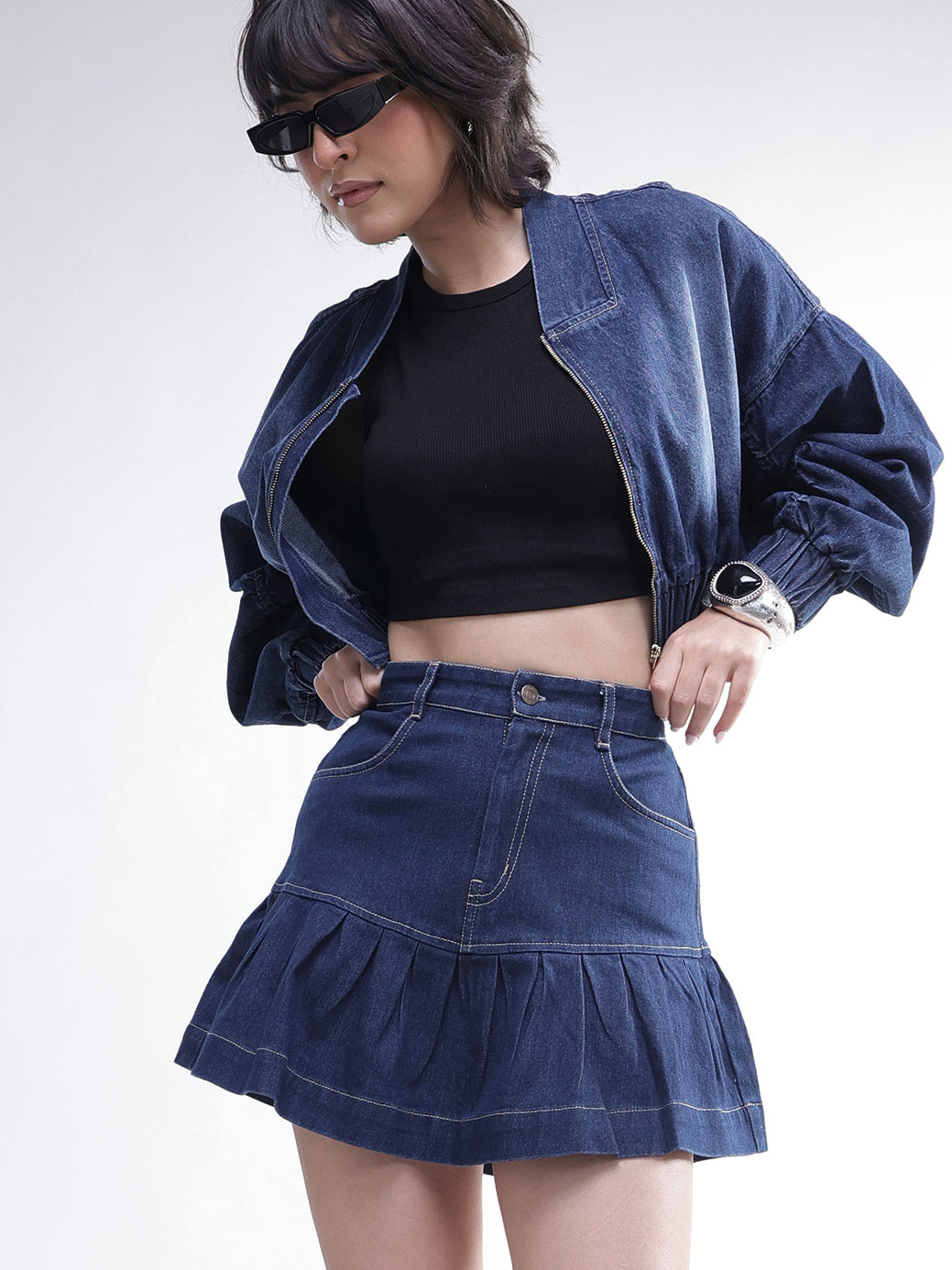 Navy Wash Denim Pleated Mini Skirt-SASSAFRAS