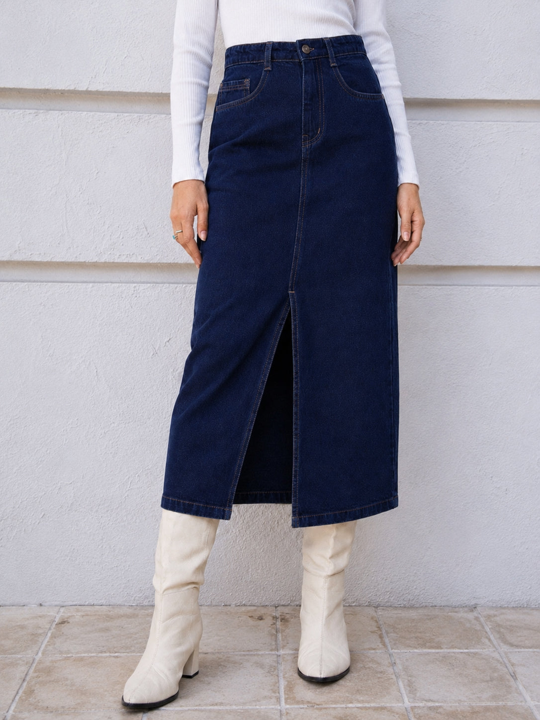Navy Blue Denim Front Slit Midi Skirt-SASSAFRAS BASICS