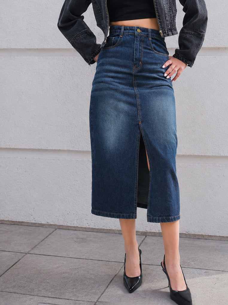 Blue Whisker Denim Front Slit Midi Skirt-SASSAFRAS BASICS