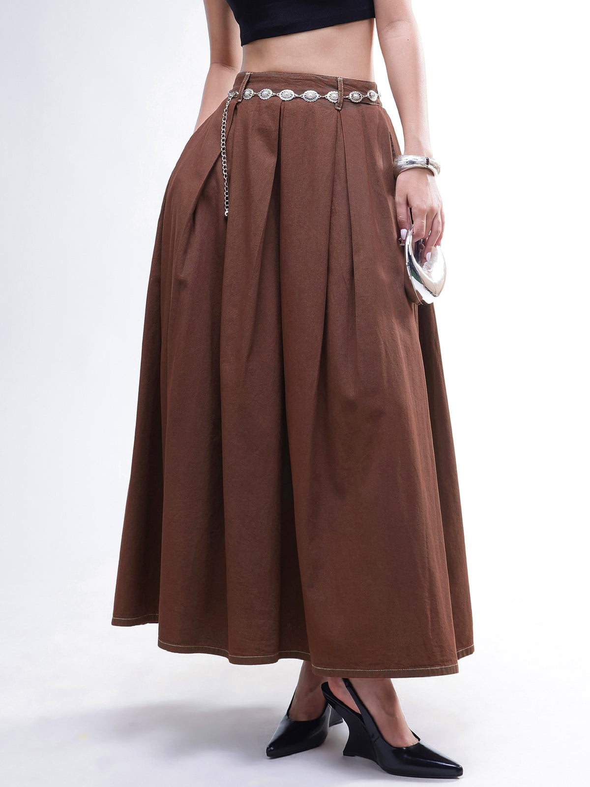 Brown Wash Denim Box Pleated Maxi Skirt-SASSAFRAS