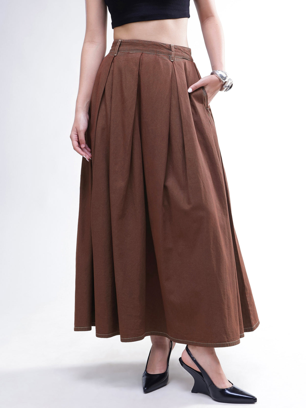 Brown Wash Denim Box Pleated Maxi Skirt-SASSAFRAS