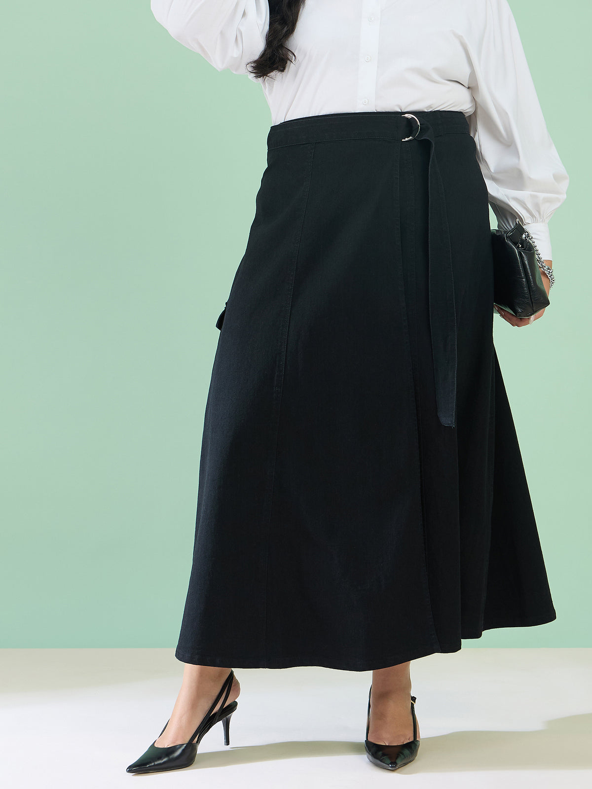 Black Wash Side Pocket Midi Wrap Skirt-SASSAFRAS Curve
