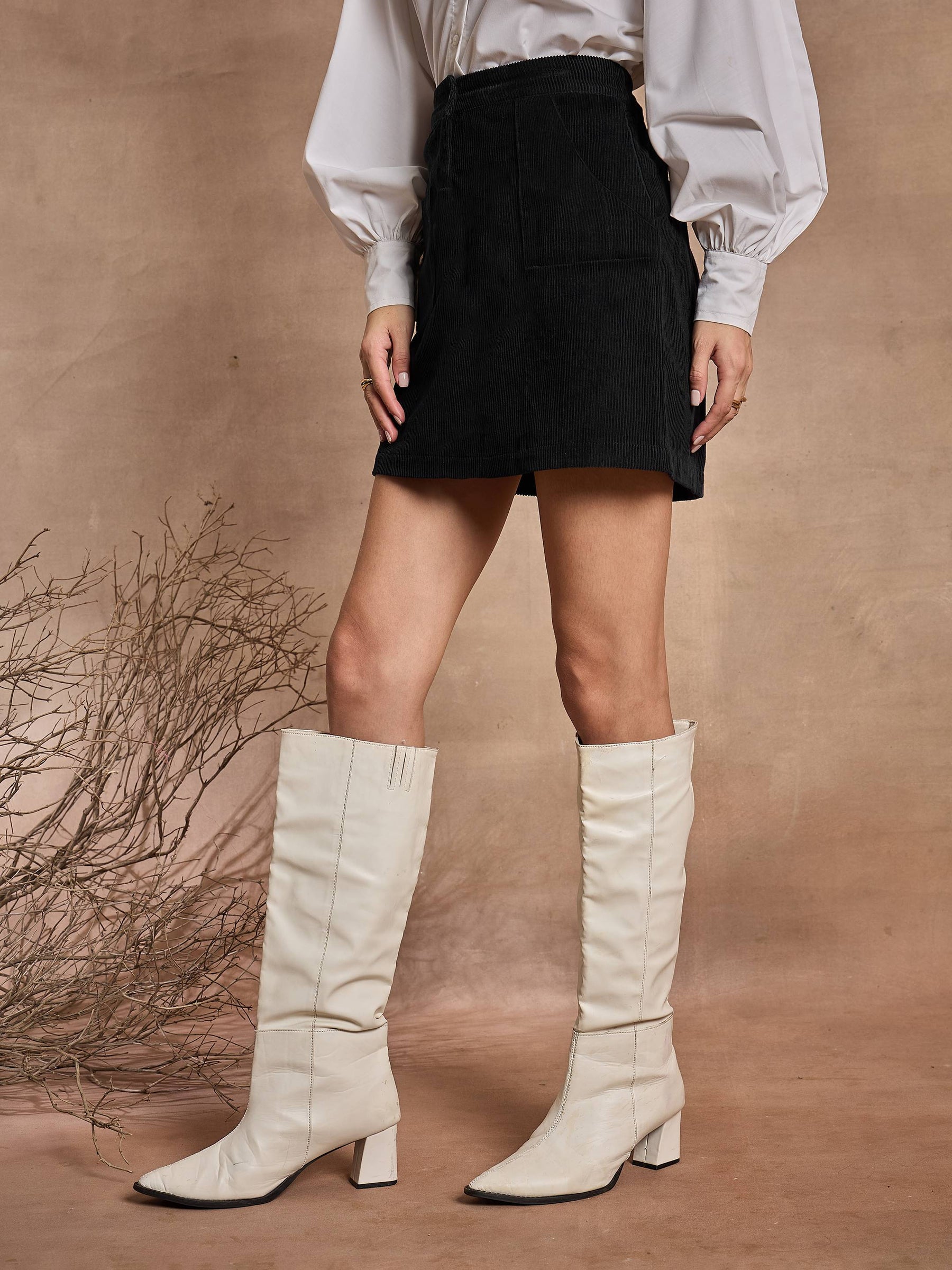 Black Corduroy PaperBag Waist Mini Skirt-SASSAFRAS