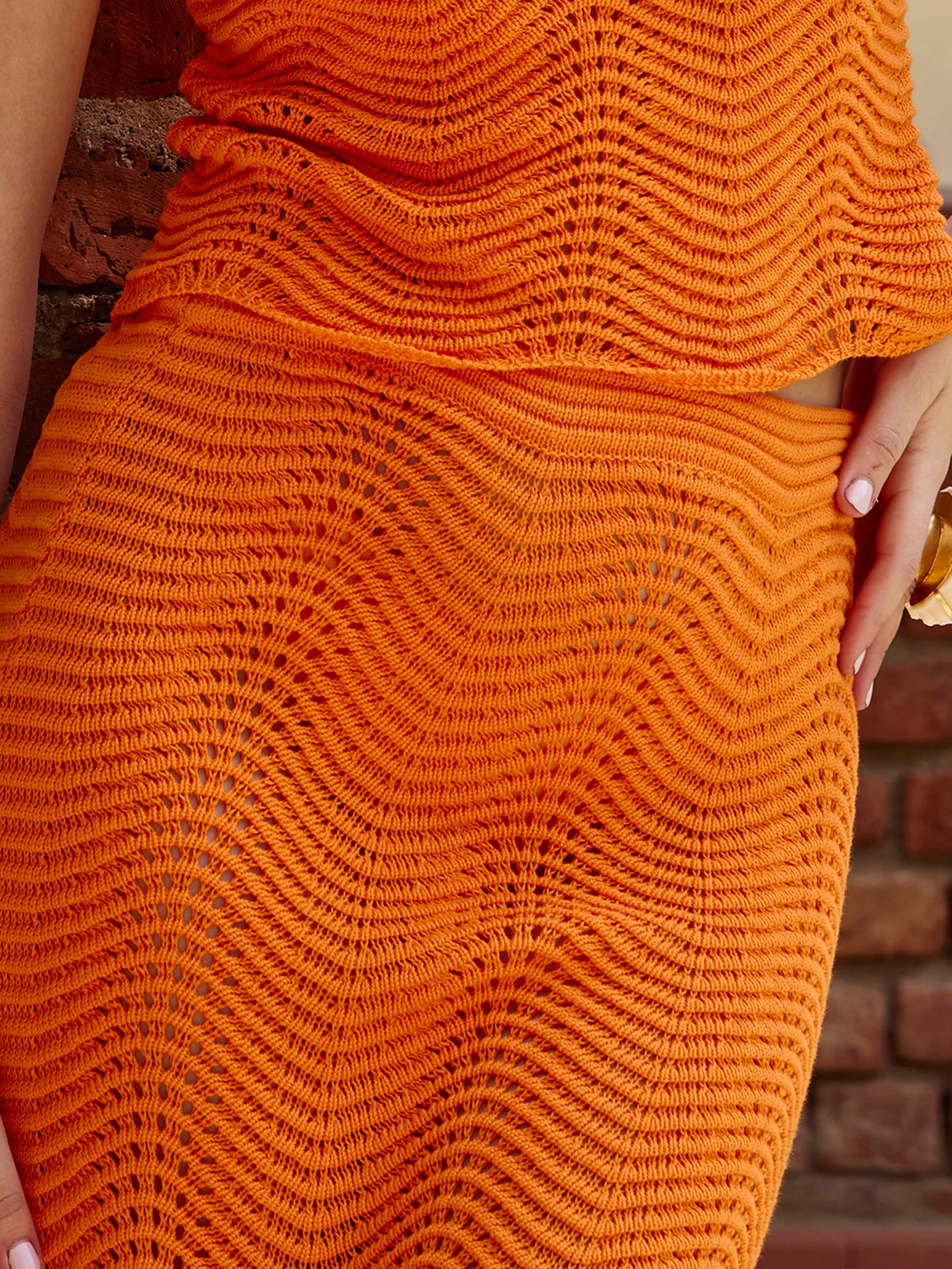 Orange Crochet Straight Maxi Skirt-SASSAFRAS