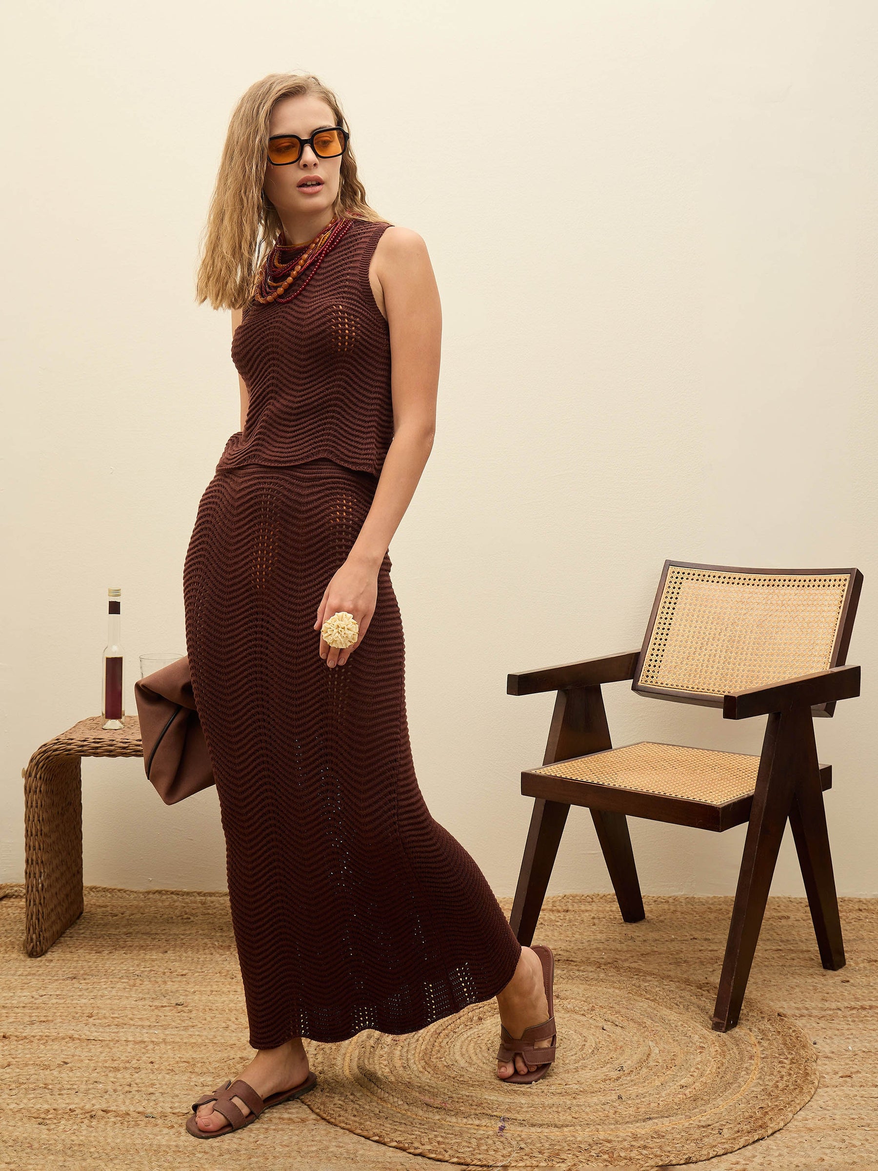 Brown Crochet Straight Maxi Skirt-SASSAFRAS