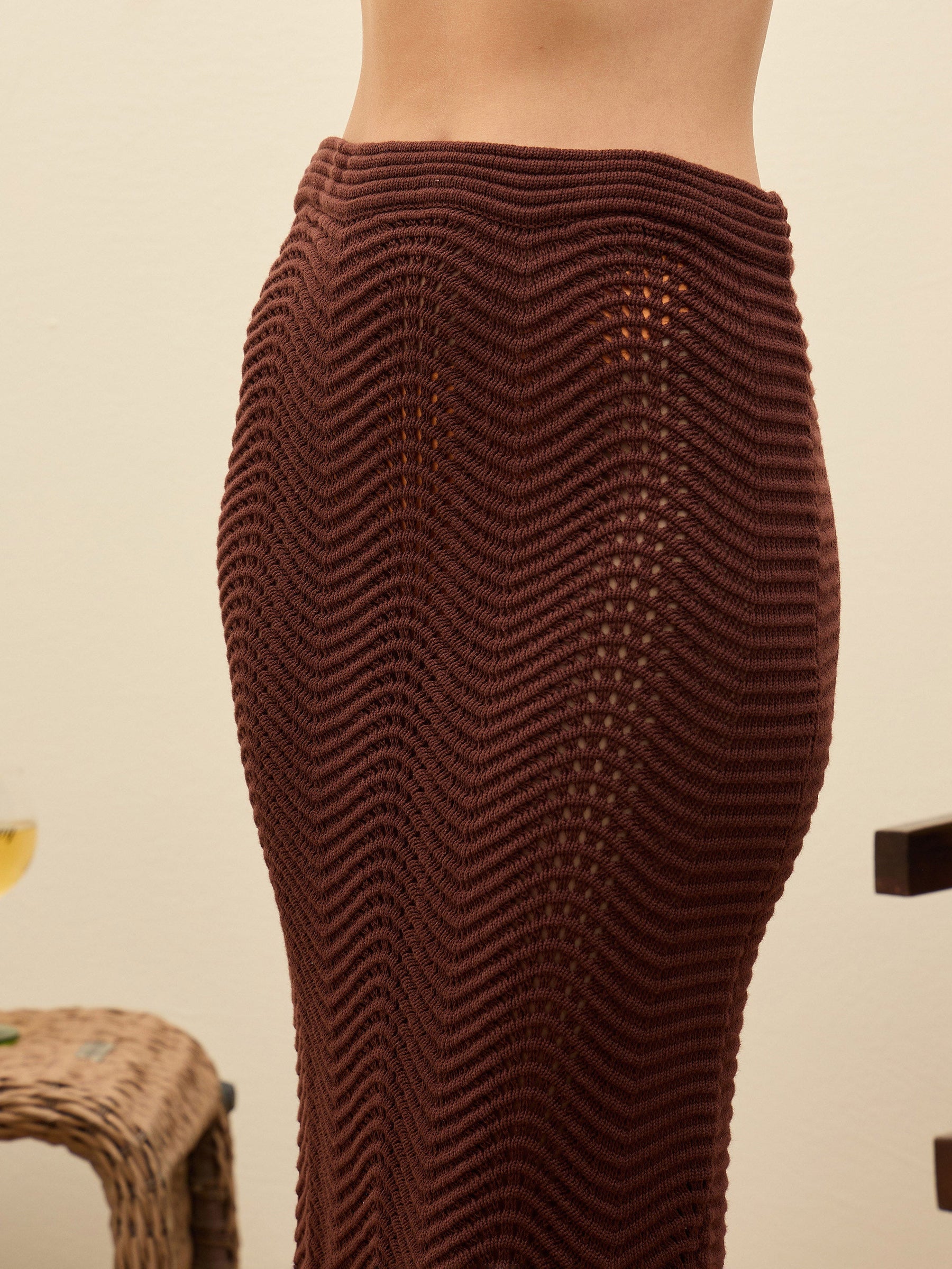 Brown Crochet Straight Maxi Skirt-SASSAFRAS