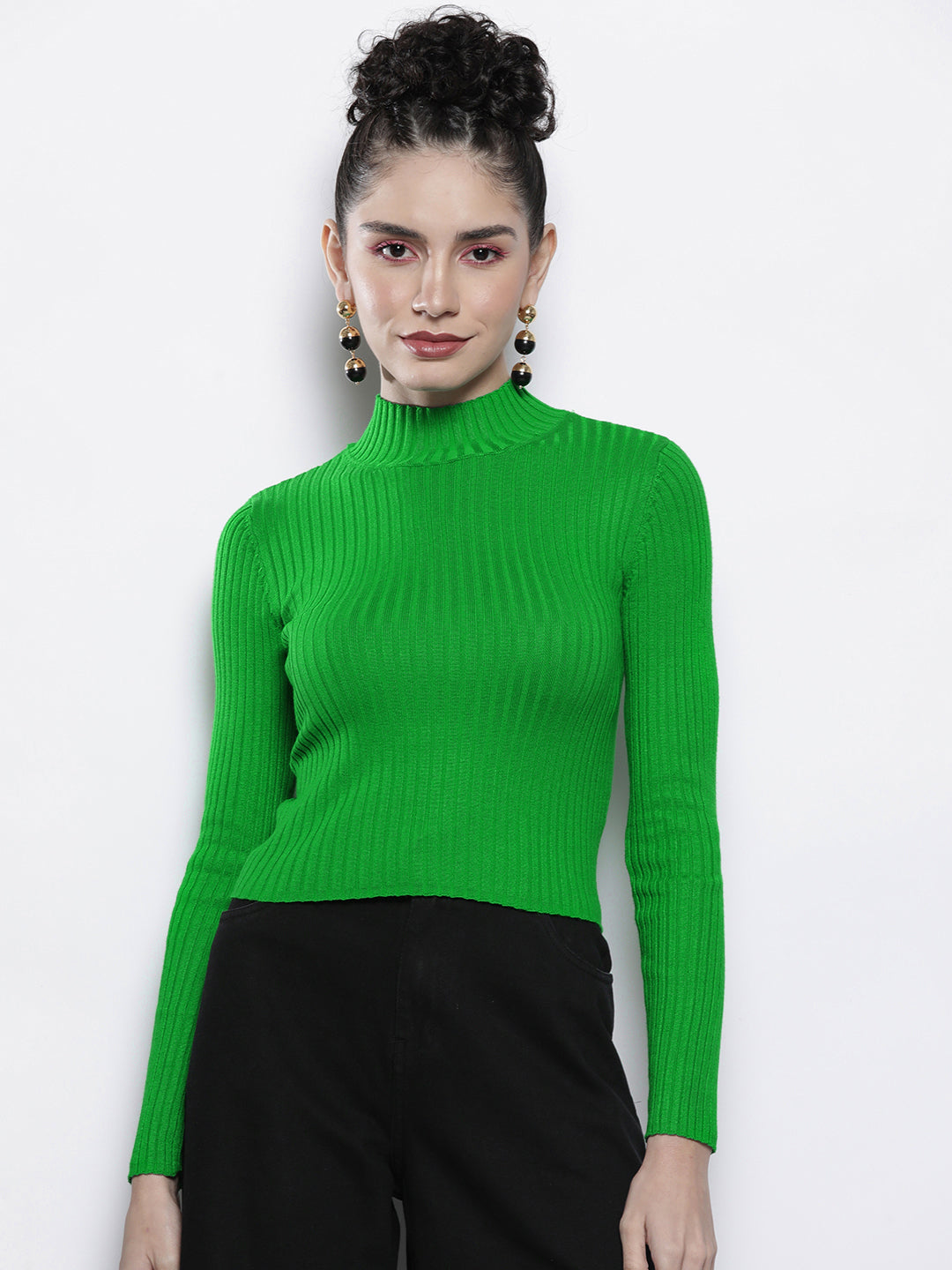 Buy Green Rib High Neck Full Sleeves Sweater Online At Best Price