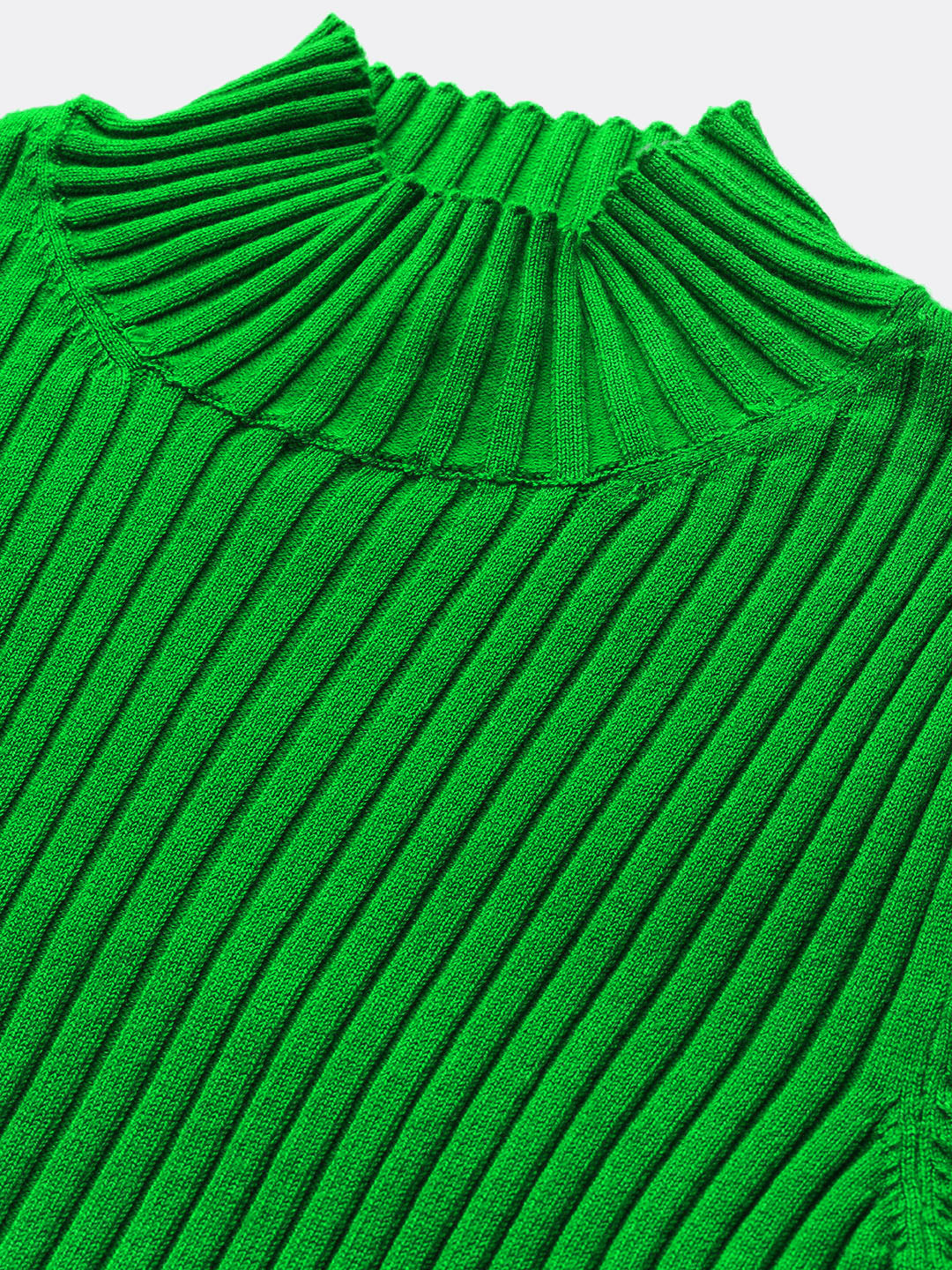 Women Green Rib High Neck Full Sleeves Sweater