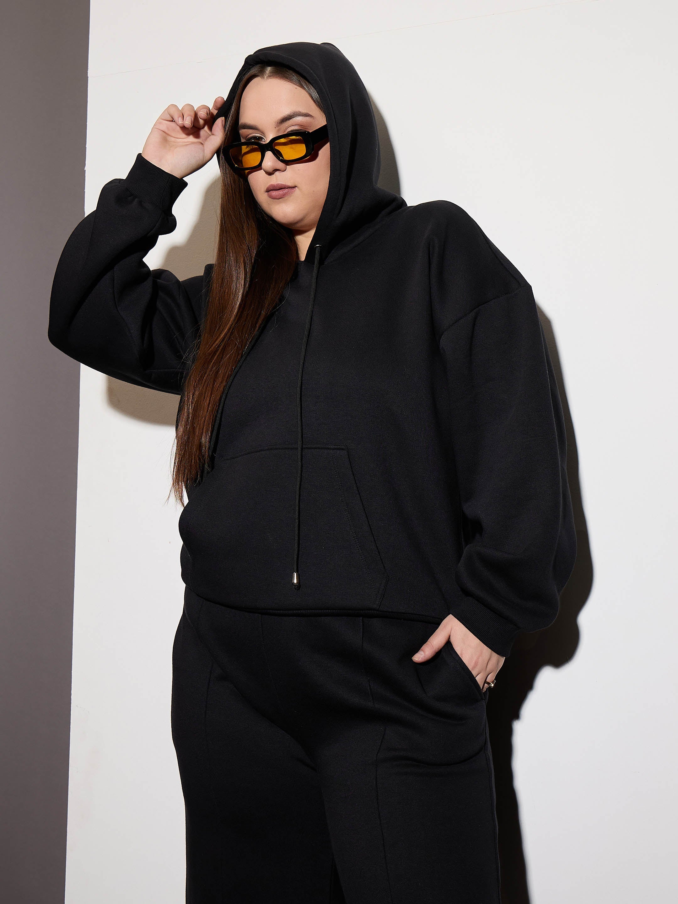 Fleece Hoodie Top - Black