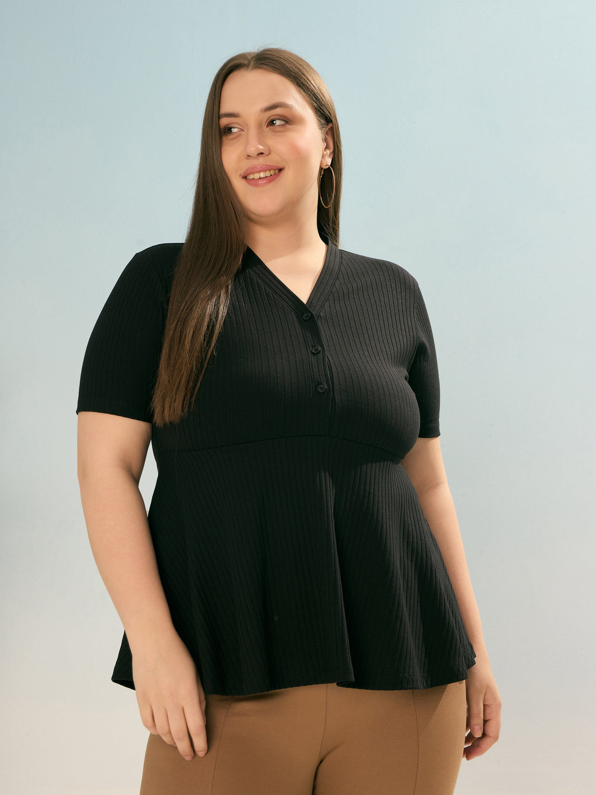 Black Rib V Neck Peplum Top-SASSAFRAS Curve
