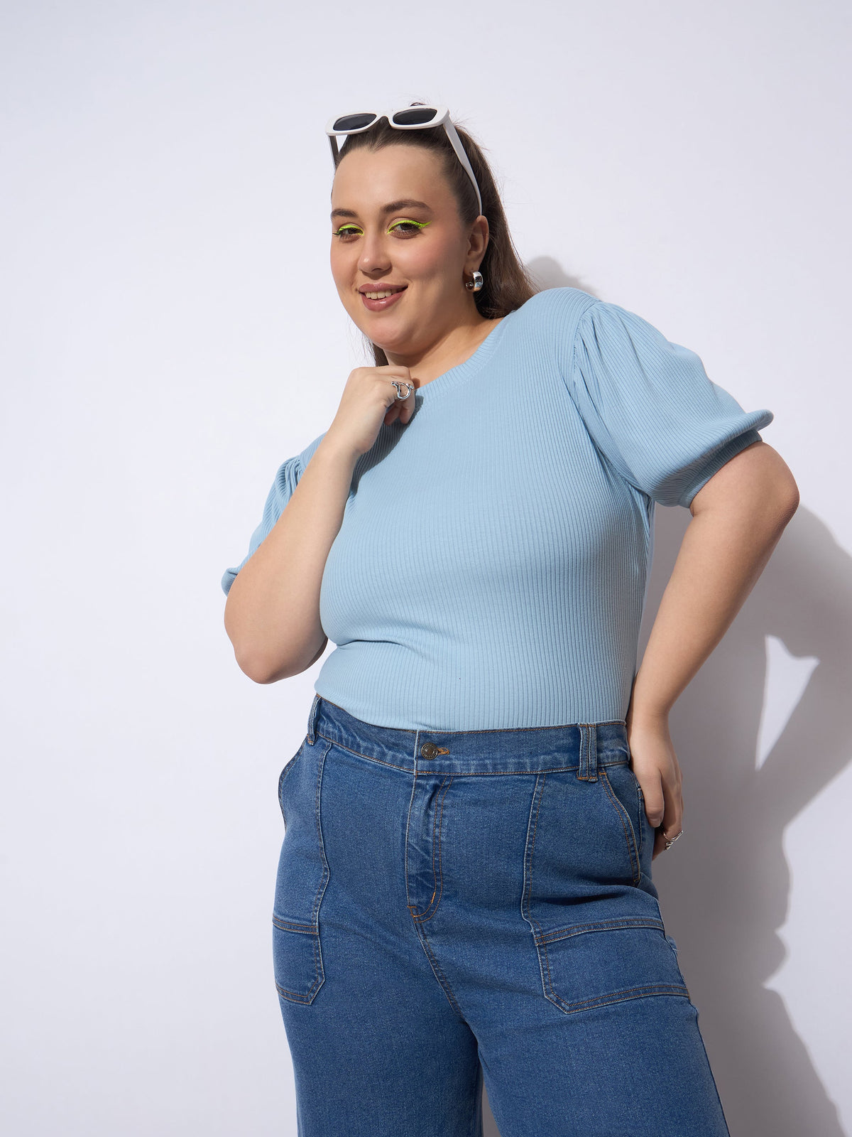 Blue Rib Round Neck Puff Sleeves Top-SASSAFRAS Curve