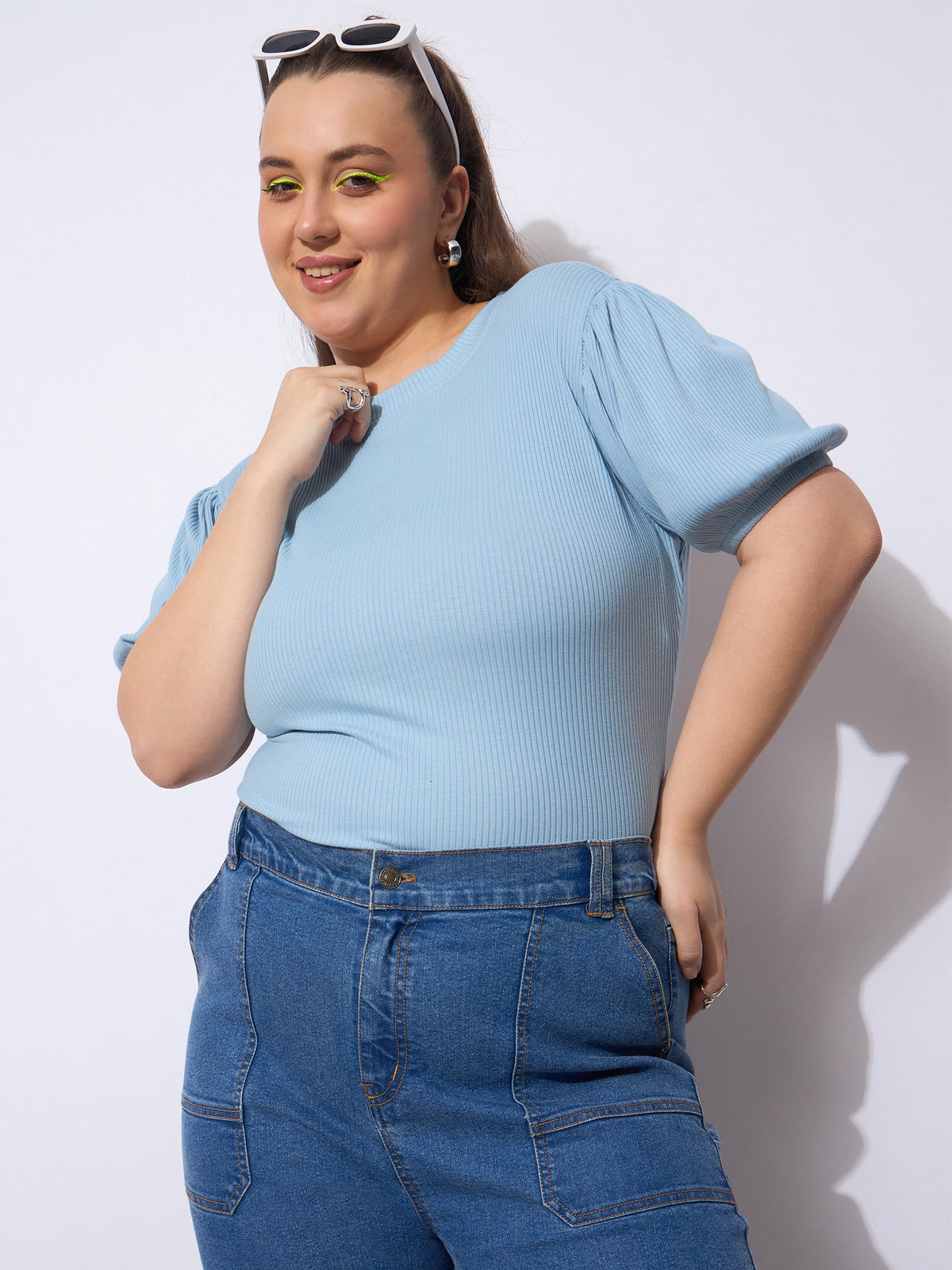 Blue Rib Round Neck Puff Sleeves Top-SASSAFRAS Curve