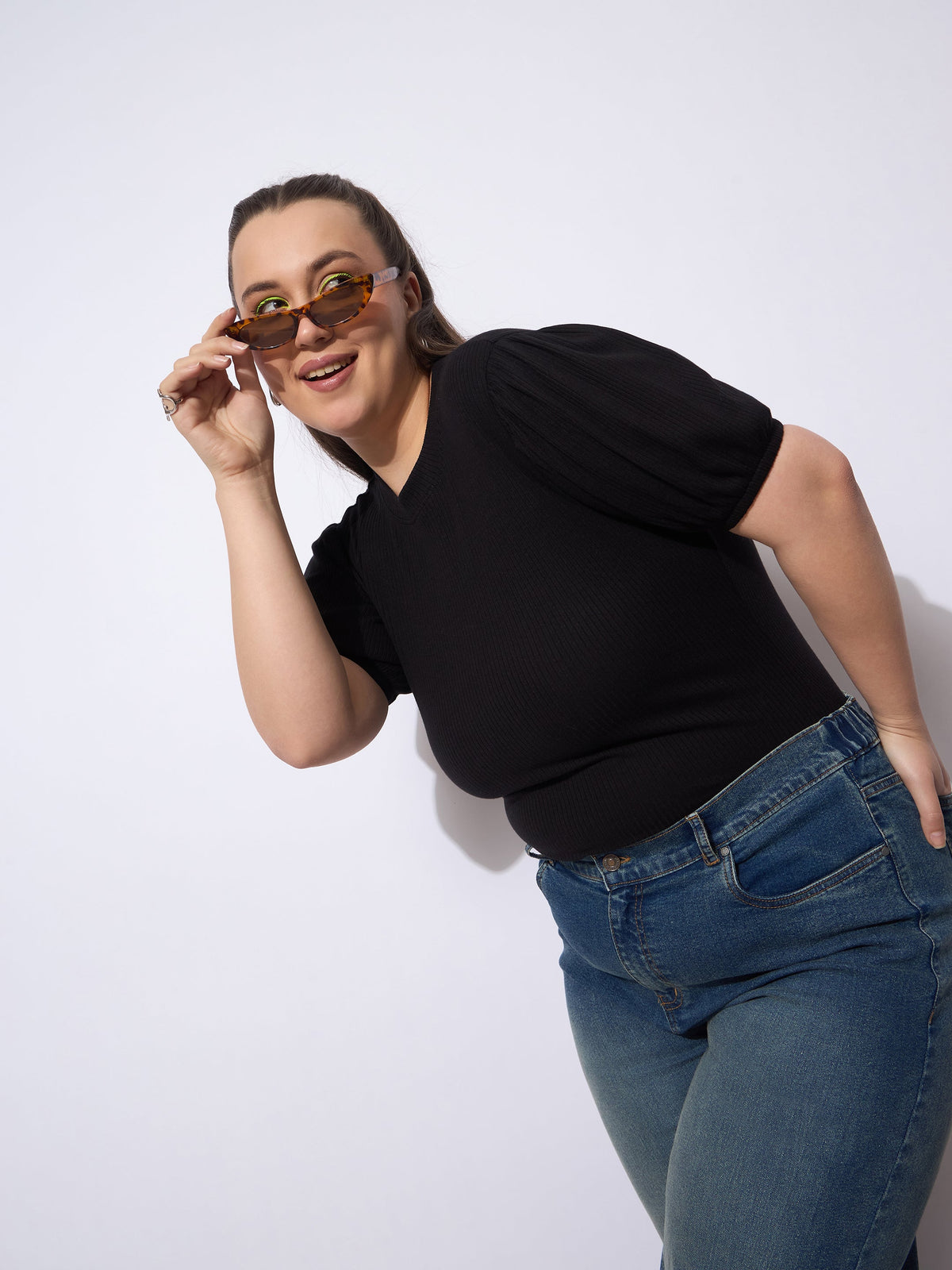 Black Rib Round Neck Puff Sleeves Top -SASSAFRAS Curve