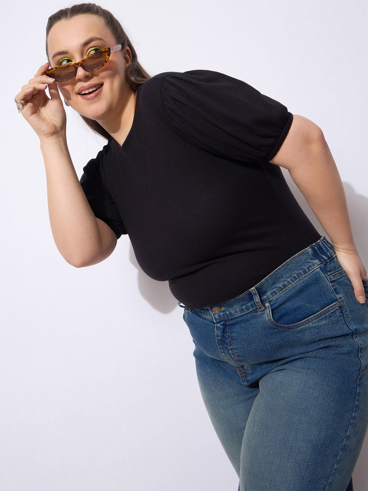 Black Rib Round Neck Puff Sleeves Top -SASSAFRAS Curve