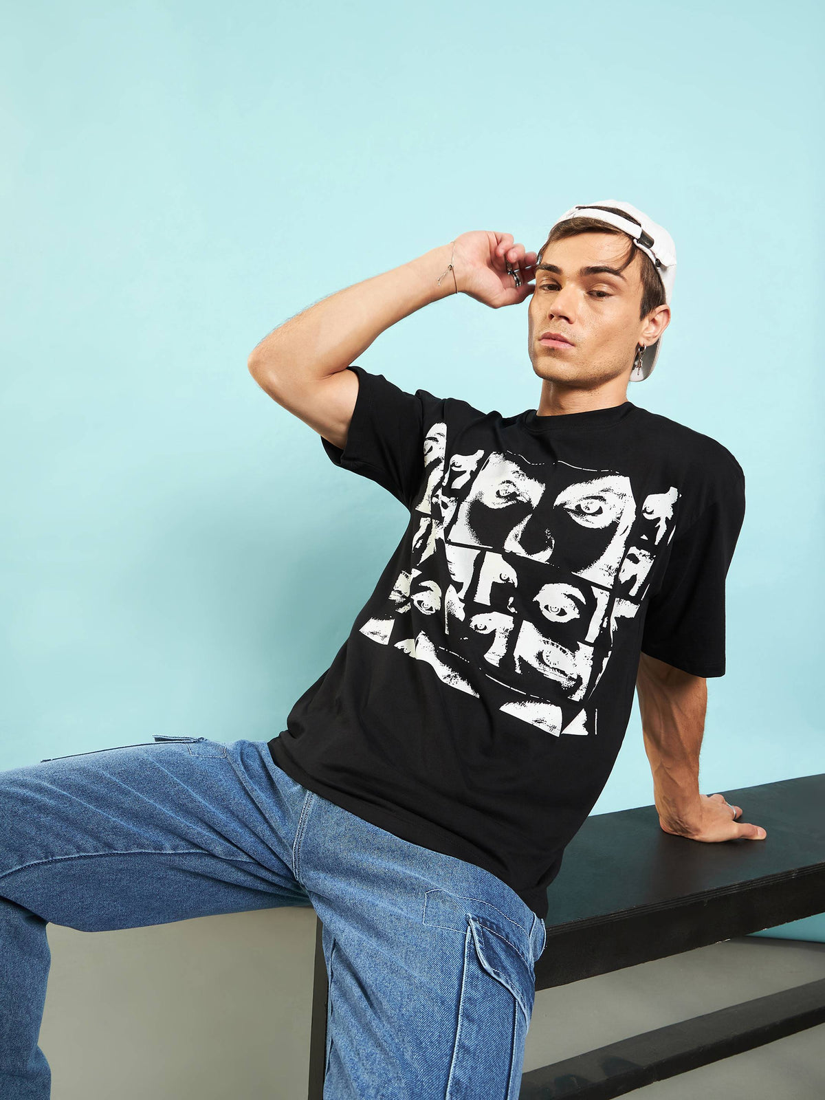 Black Retro Photographic Print Oversized T-shirt-MASCLN SASSAFRAS