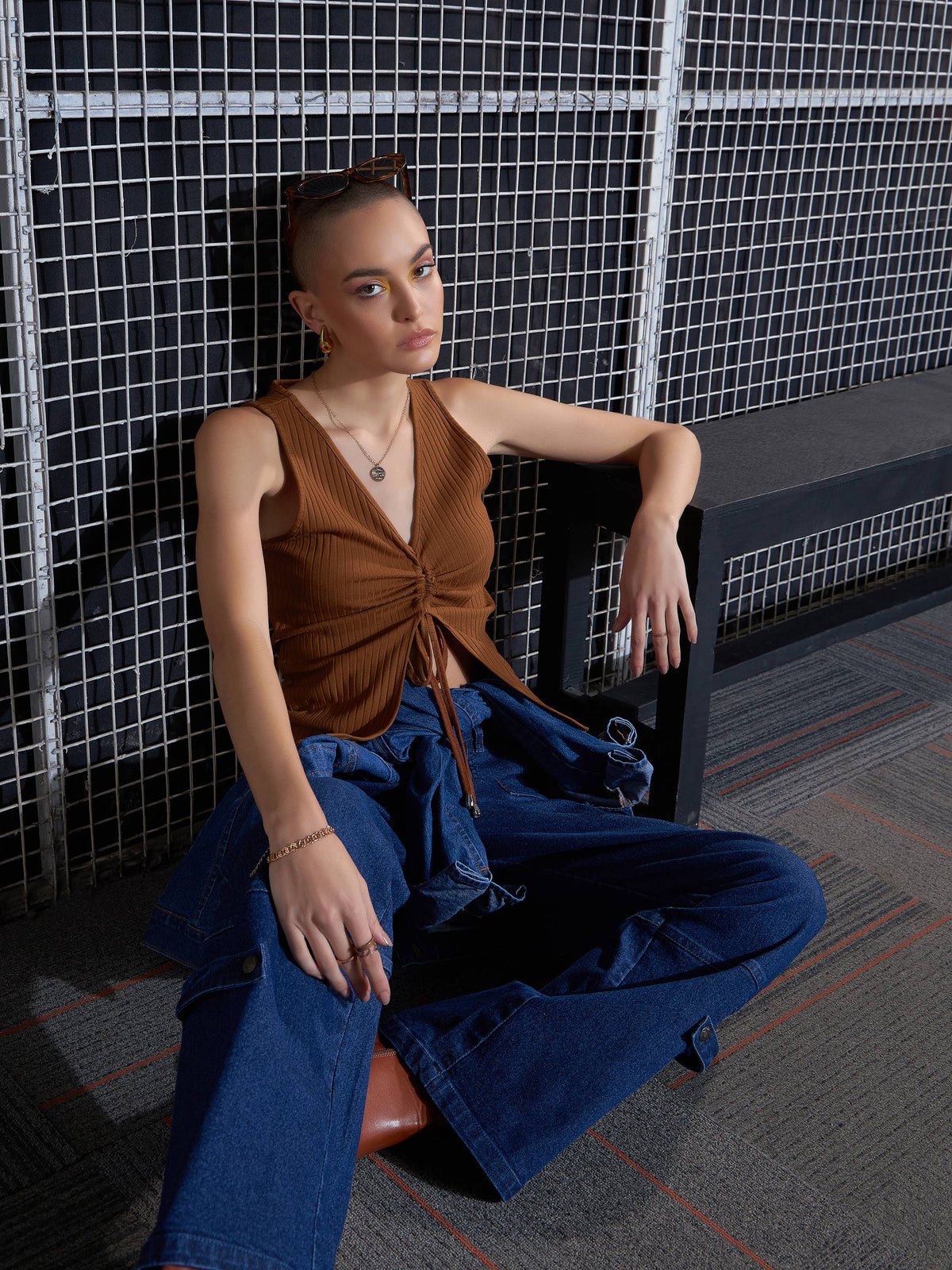 Brown Rib Front Ruched Top-SASSAFRAS