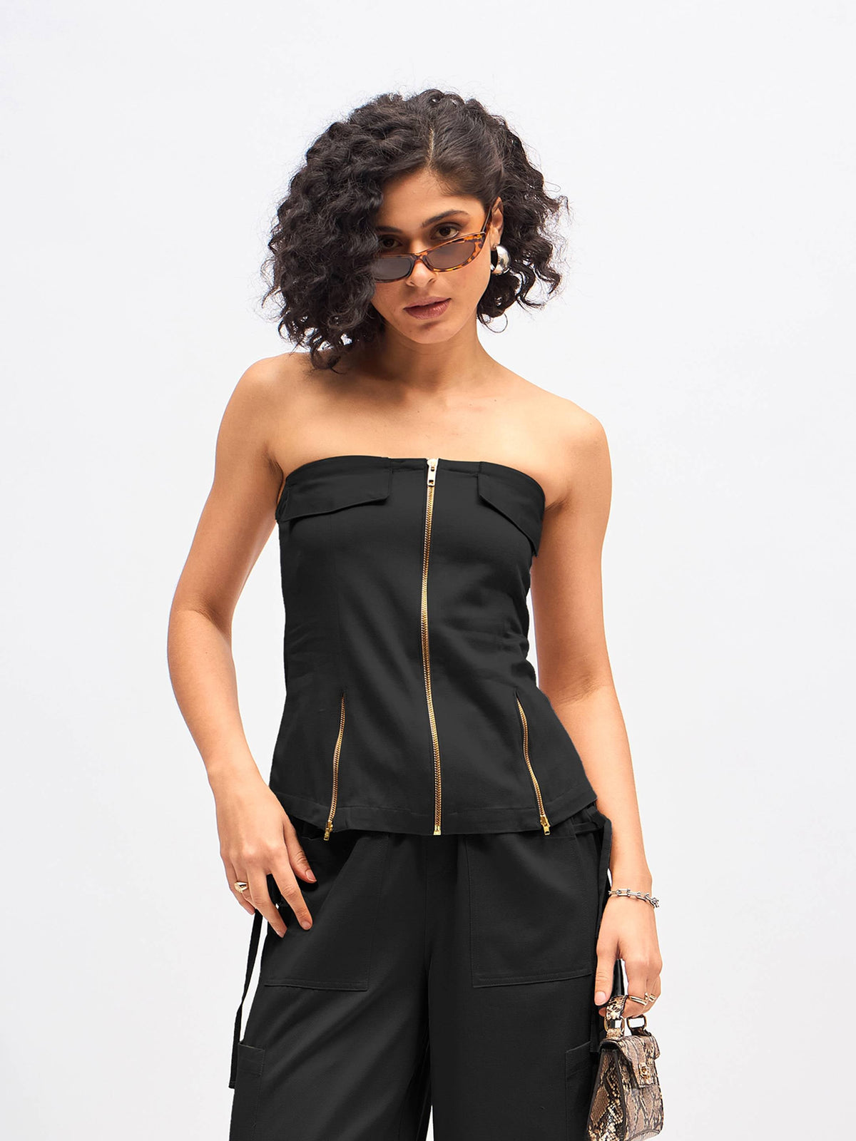 Black Twill Front Zip Detail Corset Top-SASSAFRAS