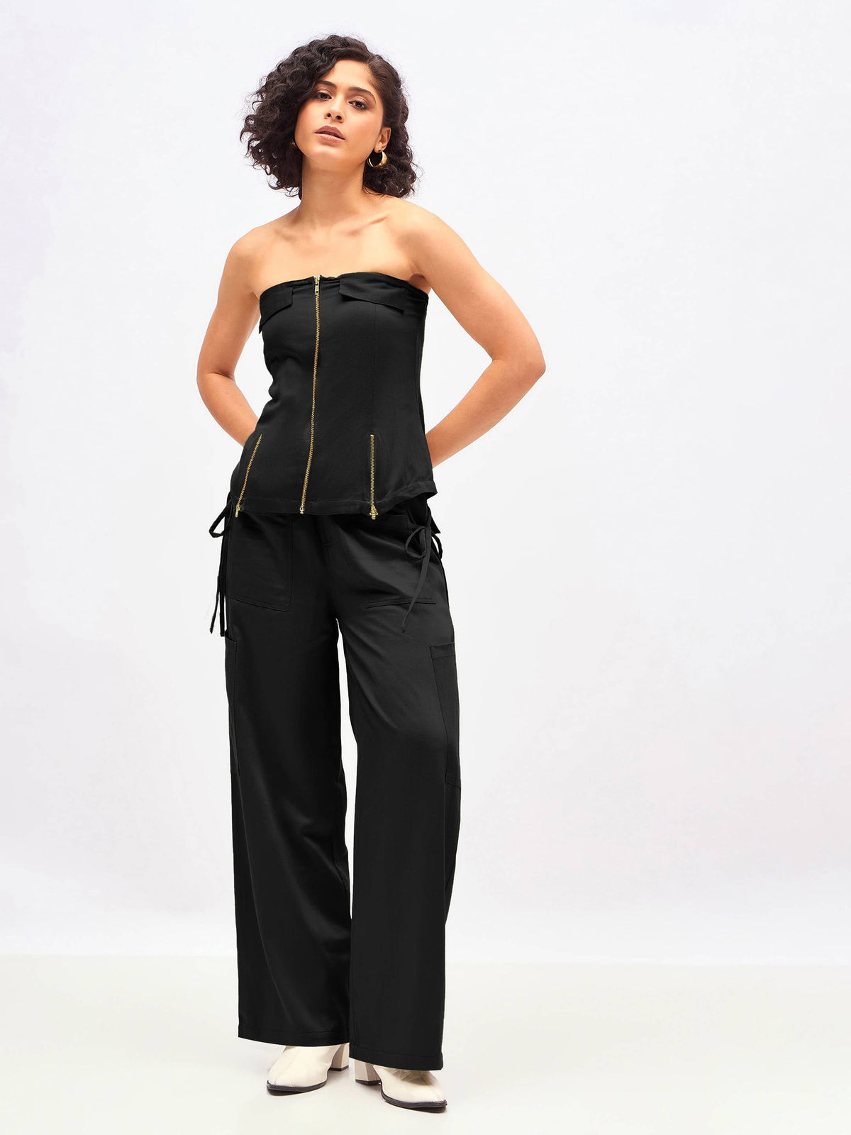 Black Twill Front Zip Detail Corset Top-SASSAFRAS