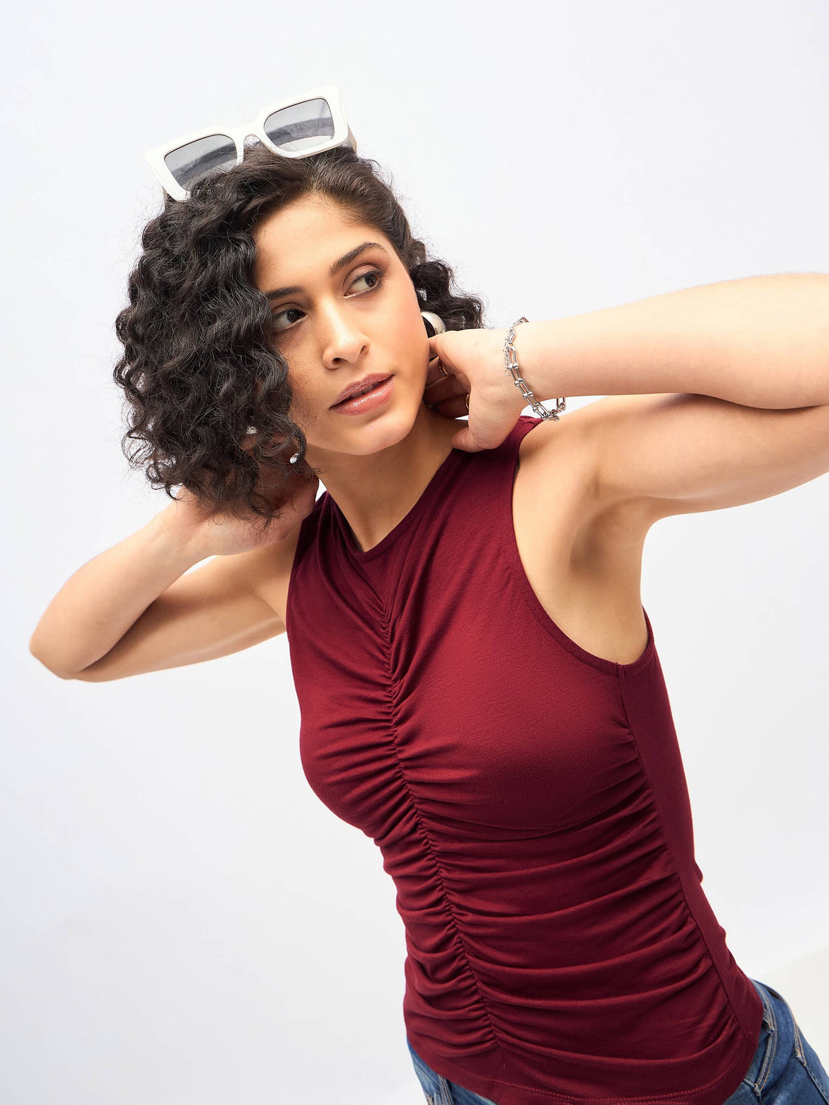 Maroon Box Back Front Ruched Top-SASSAFRAS