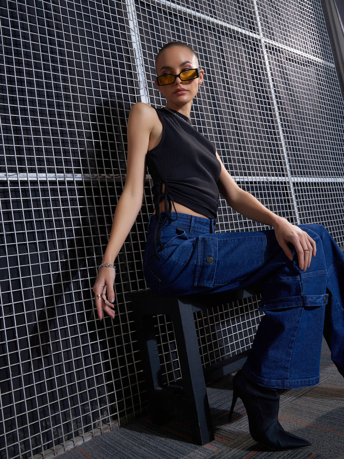 Black Rib Side Ruched Crop Top -SASSAFRAS