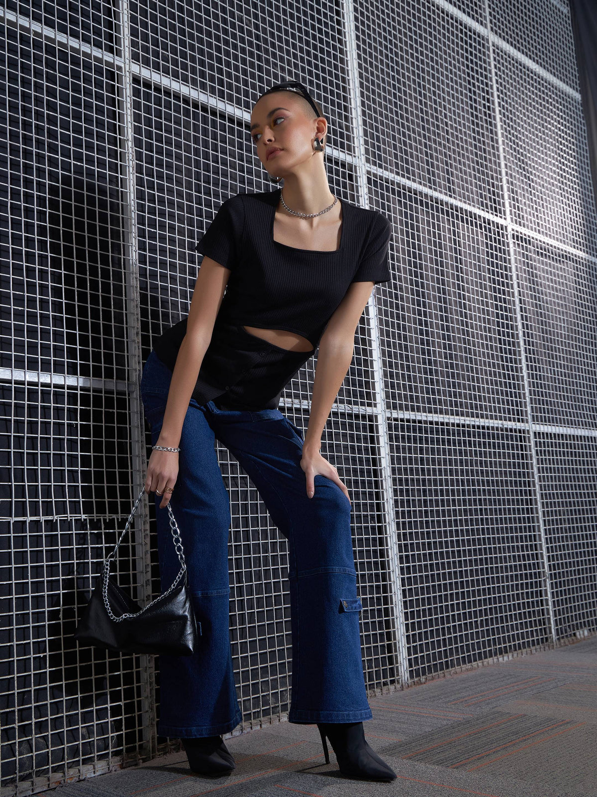 Black Rib Waist Cut-Out Top-SASSAFRAS