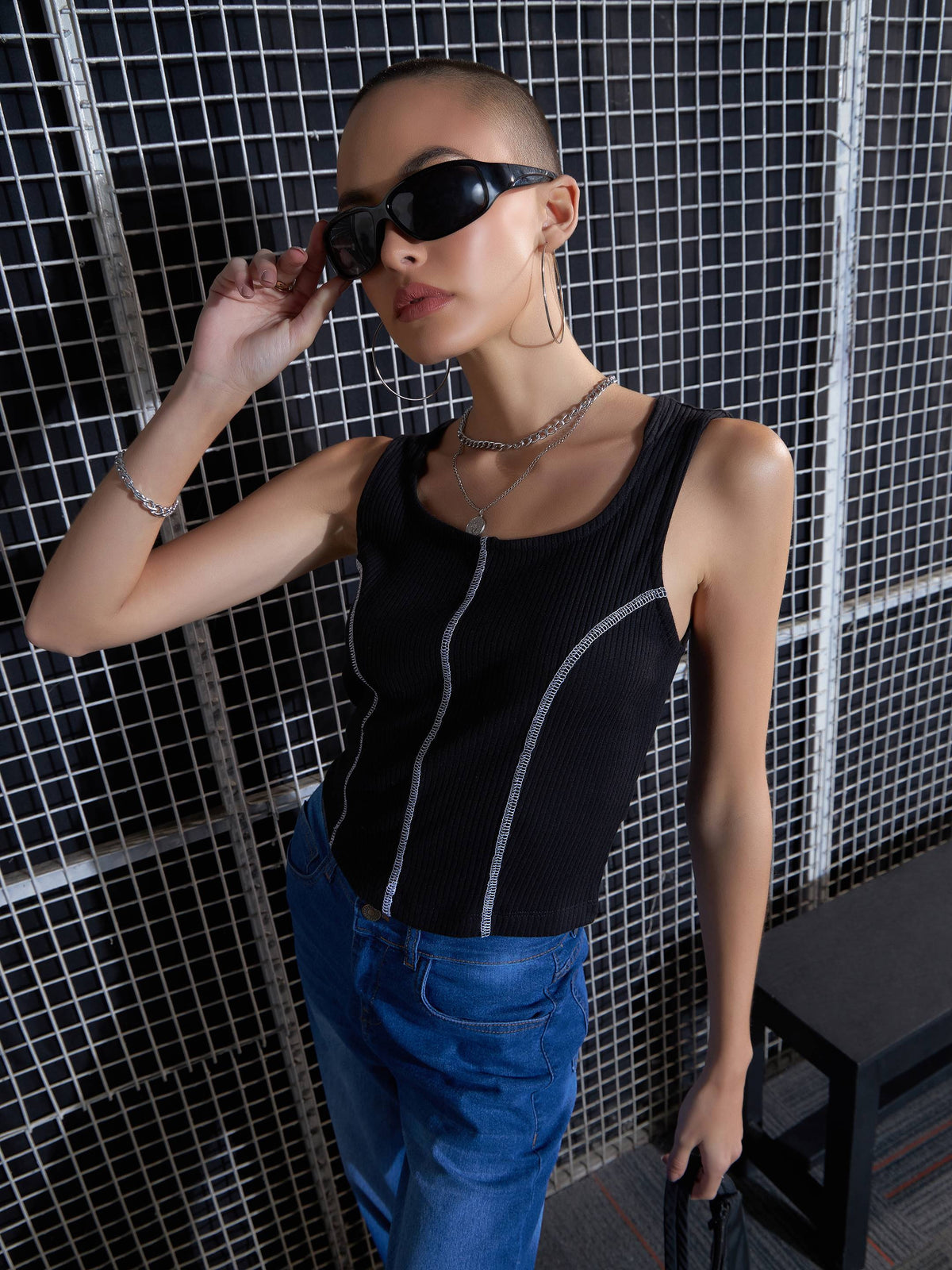Black Rib Contrast Stitch Crop Top -SASSAFRAS