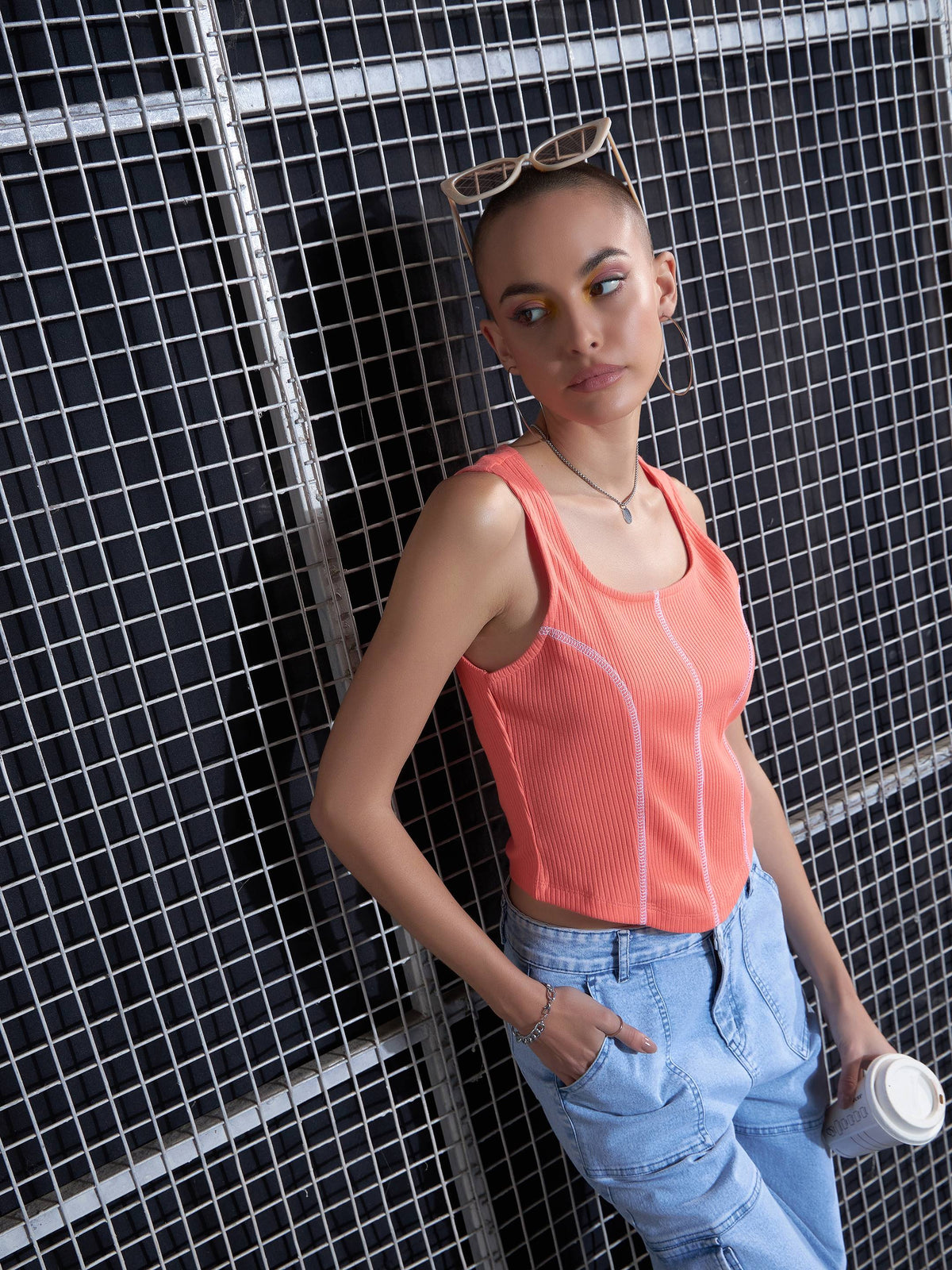 Peach Rib Contrast Stitch Crop Top-SASSAFRAS