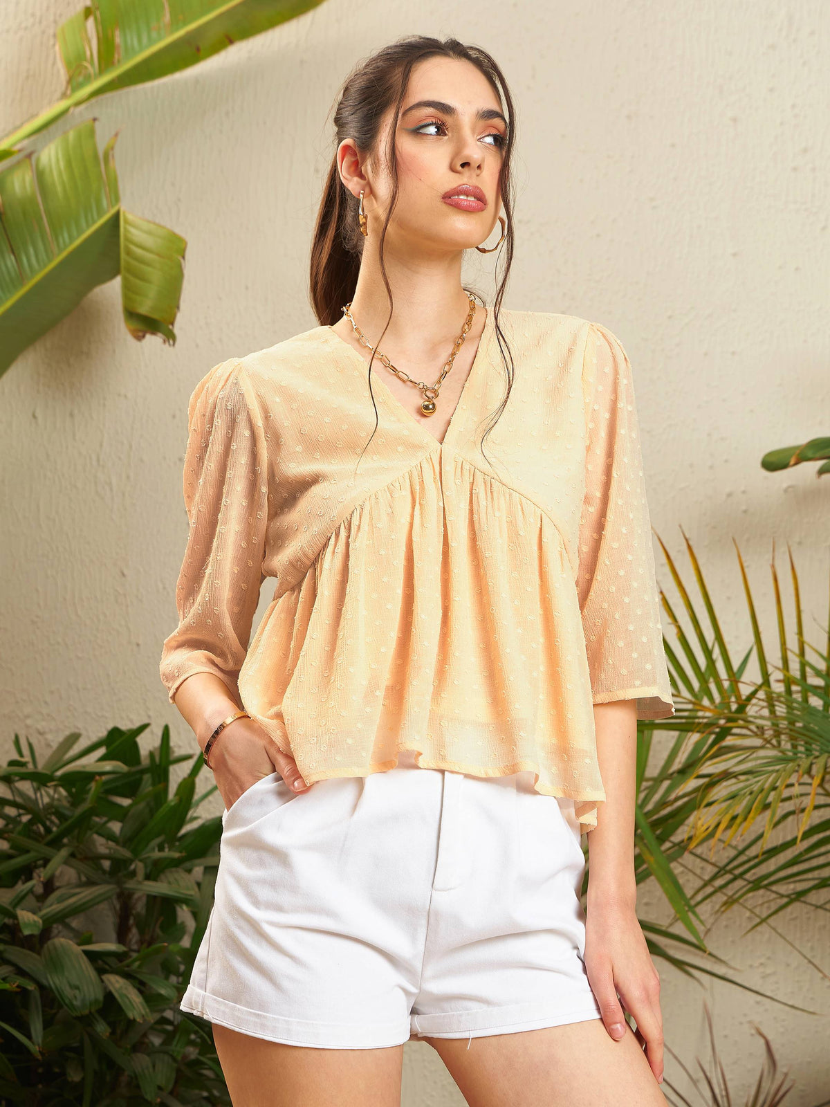 Nude Dobby V-Neck Peplum Top -SASSAFRAS