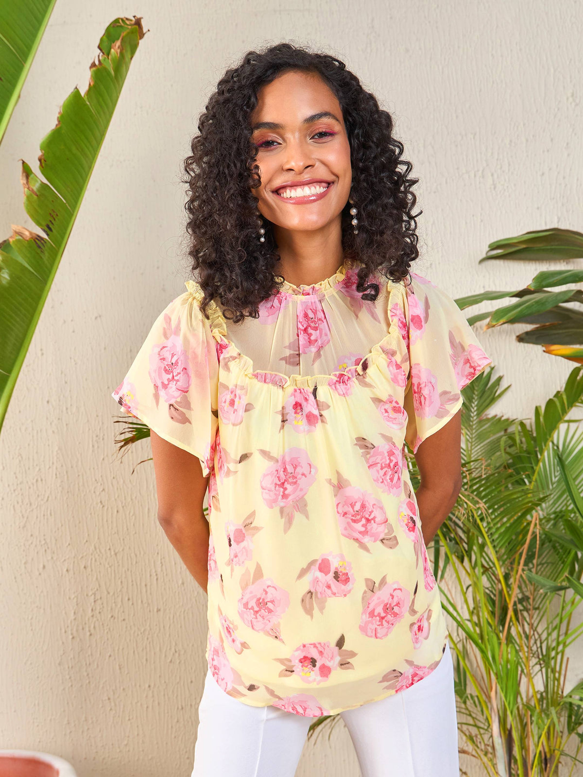 Yellow Floral Frill Neck Top-SASSAFRAS
