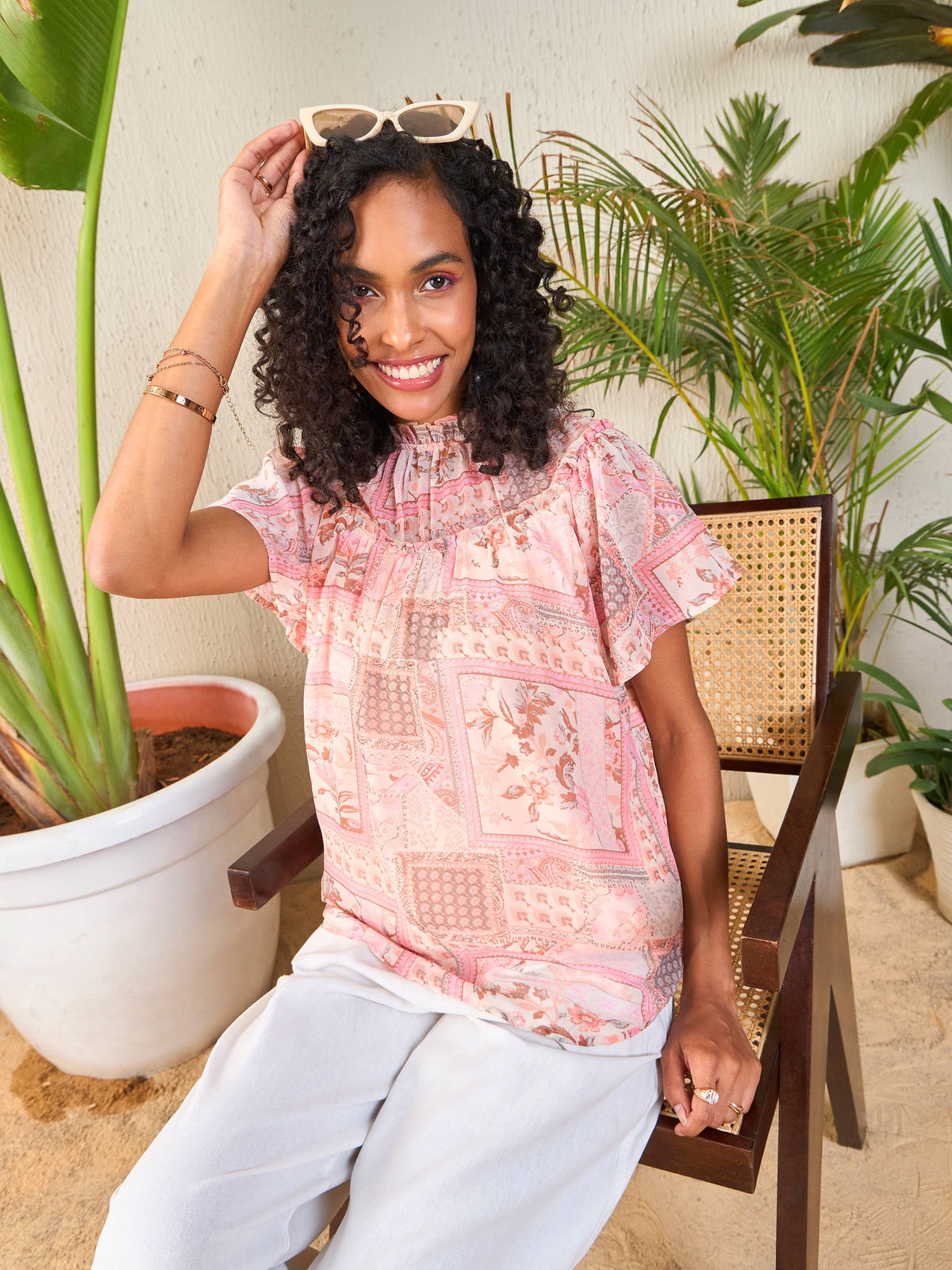 Peach Patch Print Frill Neck Top-SASSAFRAS