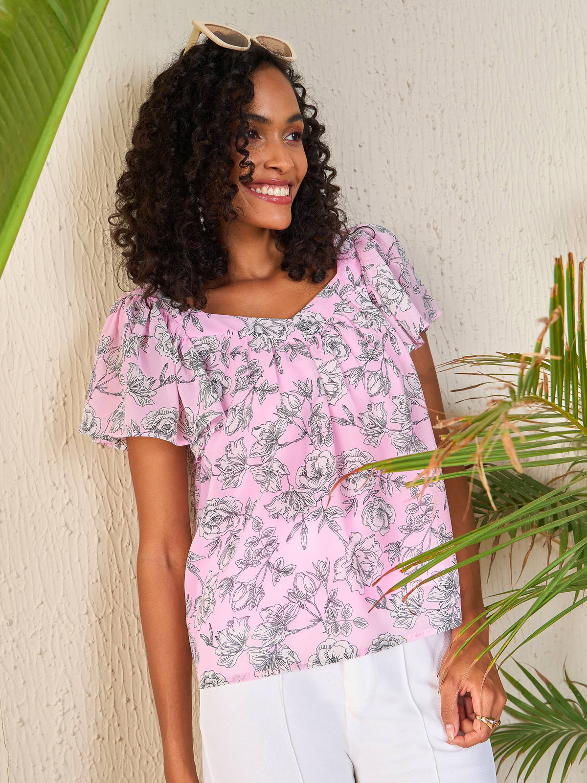 Pink Floral Sweetheart Neck Flared Sleeve Top-SASSAFRAS