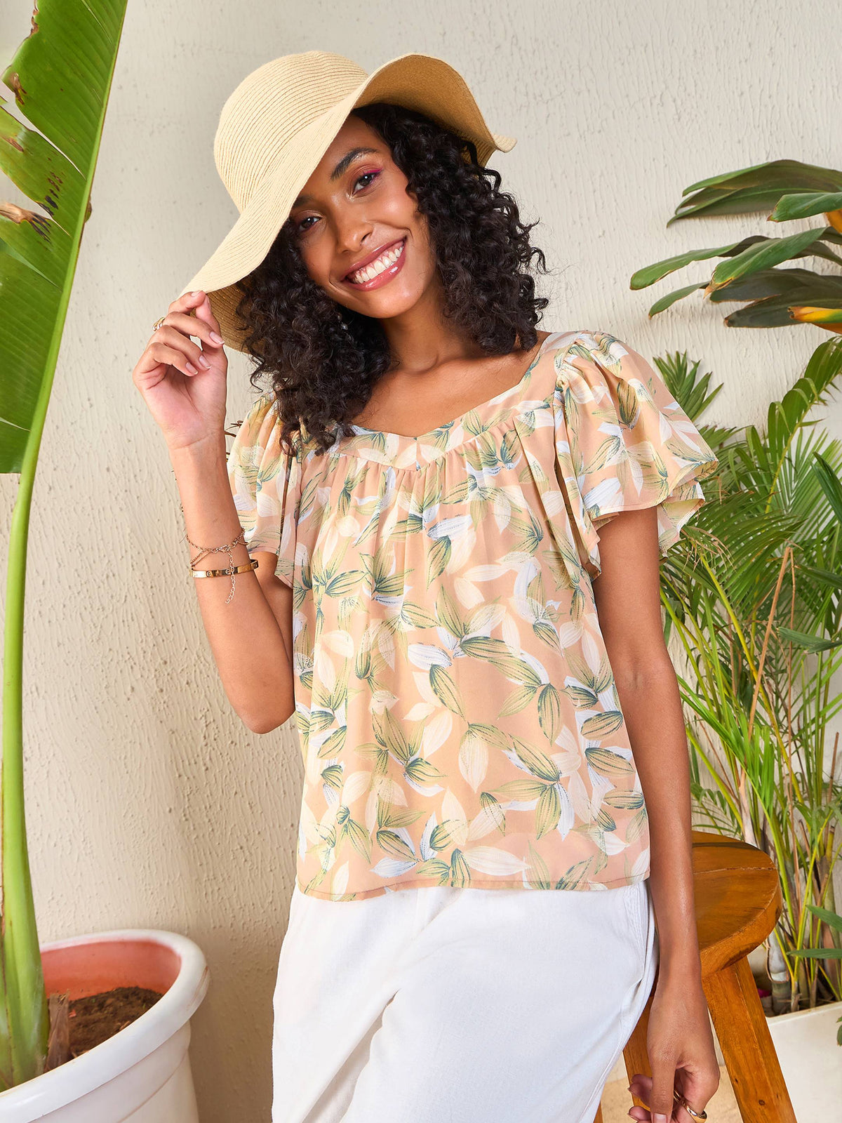 Nude Floral Sweetheart Neck Flared Sleeve Top-SASSAFRAS