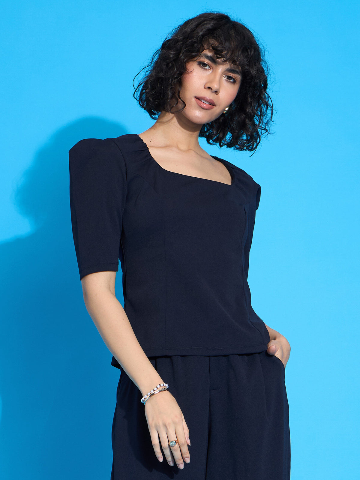 Navy Square Neck Puff Sleeve Top-SASSAFRAS worklyf