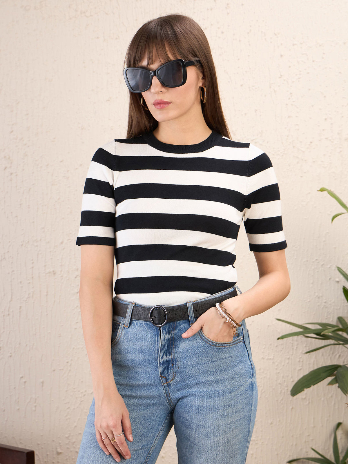 Black & White Striped Acrylic Top-SASSAFRAS