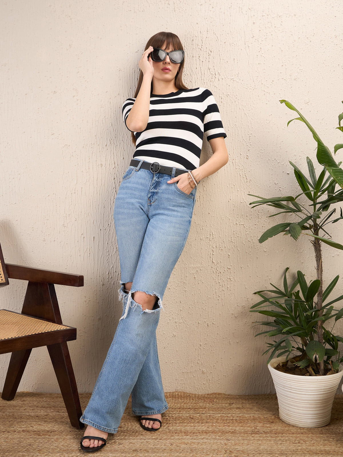 Black & White Striped Acrylic Top-SASSAFRAS