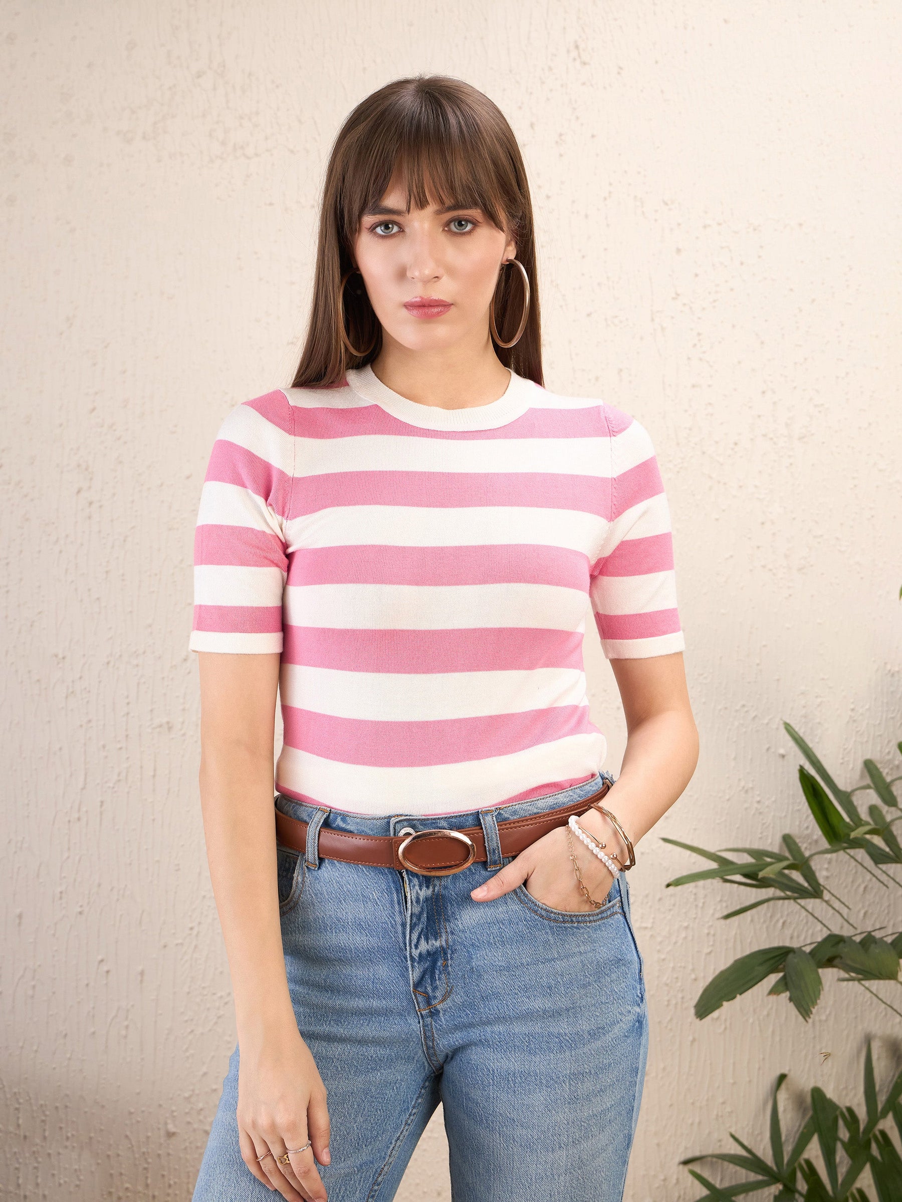 Pink & White Striped Acrylic Top-SASSAFRAS