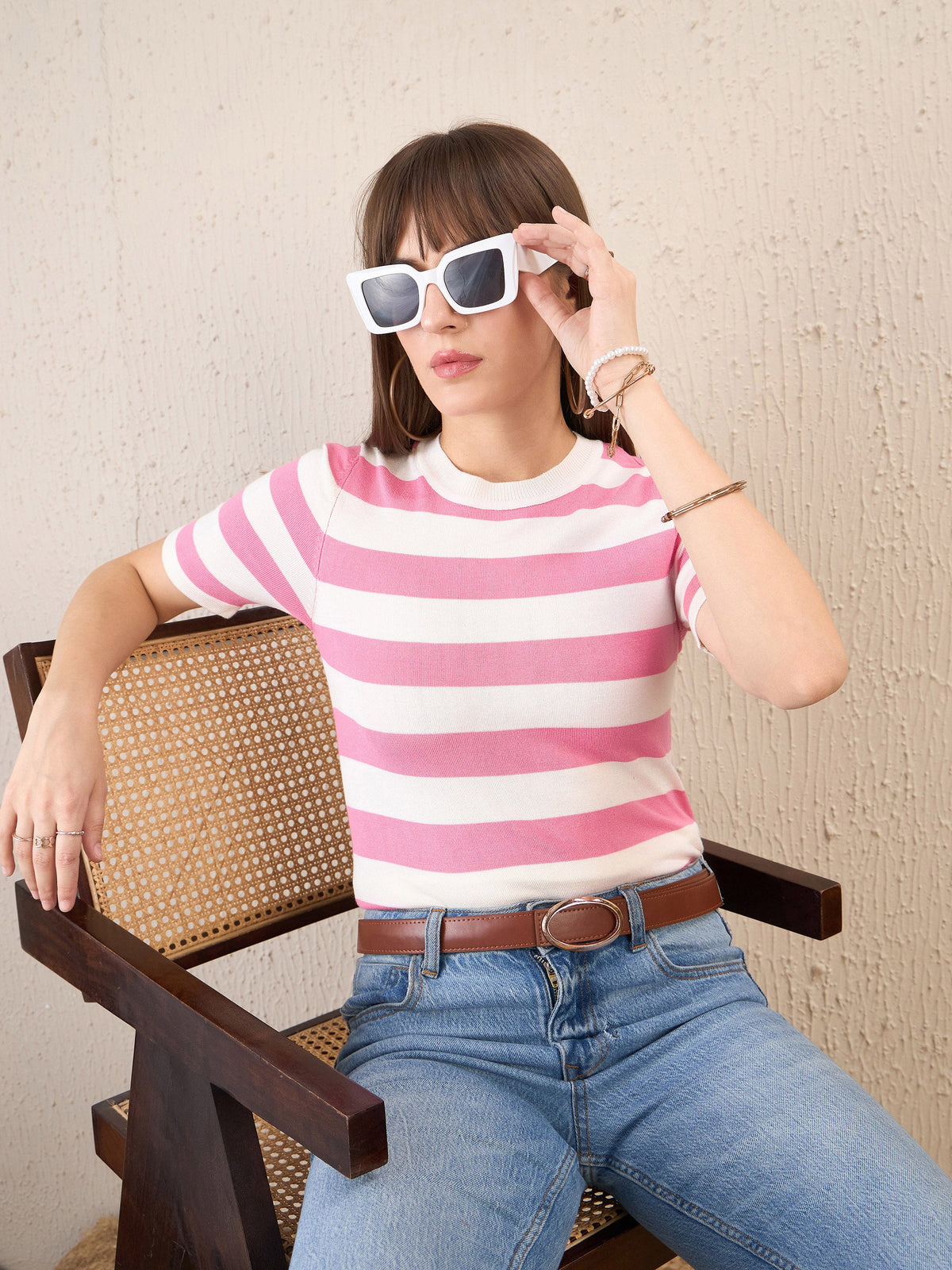 Pink & White Striped Acrylic Top-SASSAFRAS