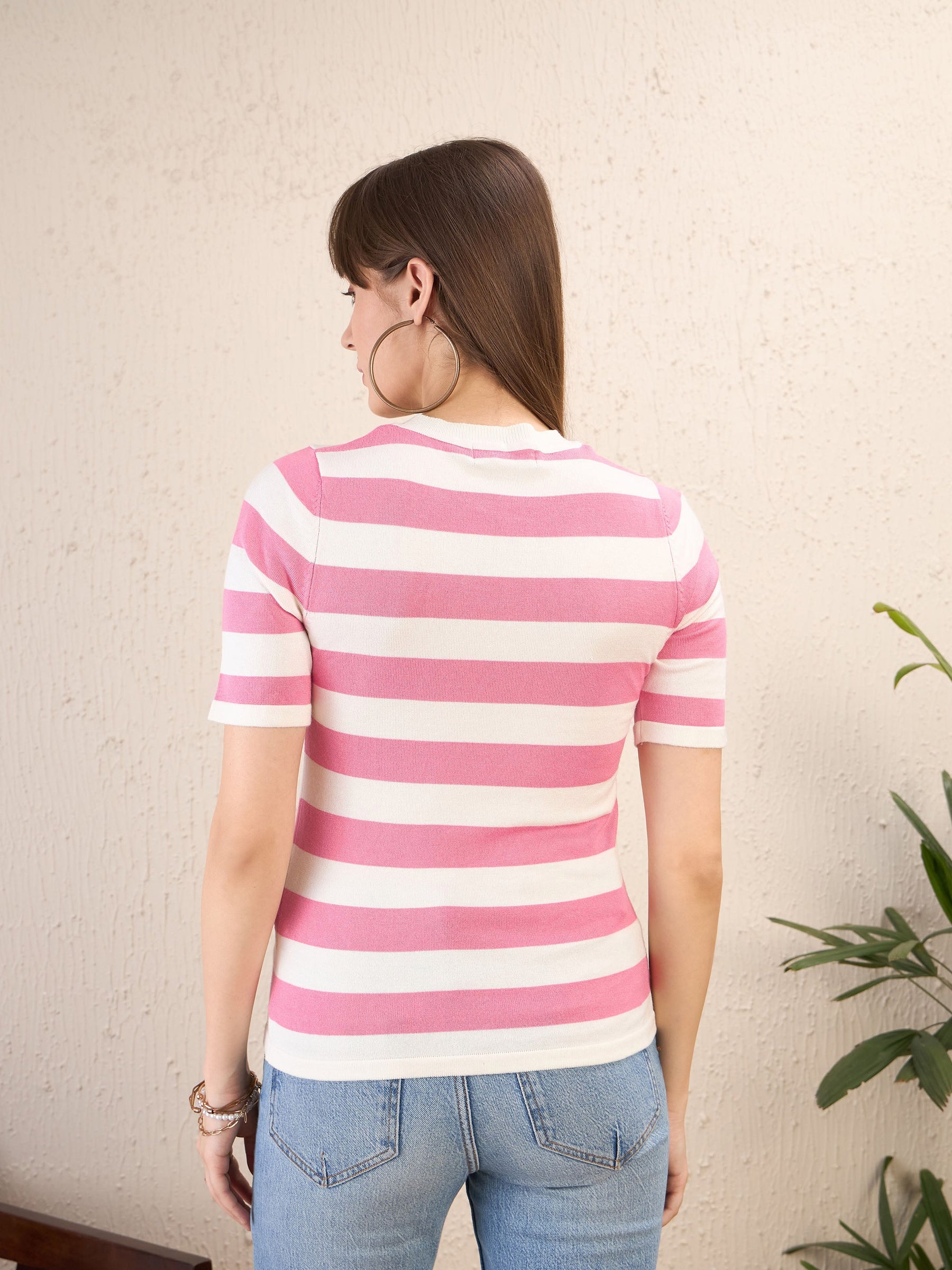 Pink & White Striped Acrylic Top-SASSAFRAS