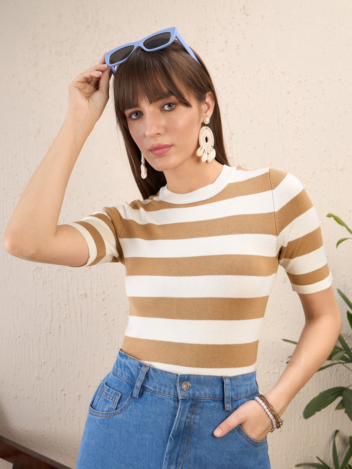 Beige & White Striped Acrylic Top-SASSAFRAS