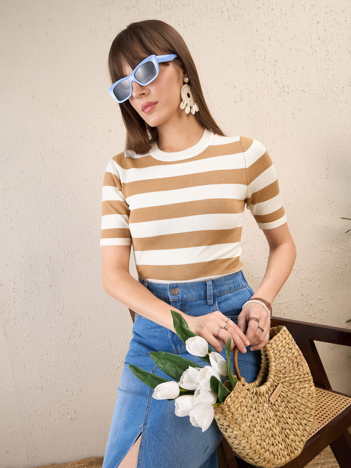 Beige & White Striped Acrylic Top-SASSAFRAS