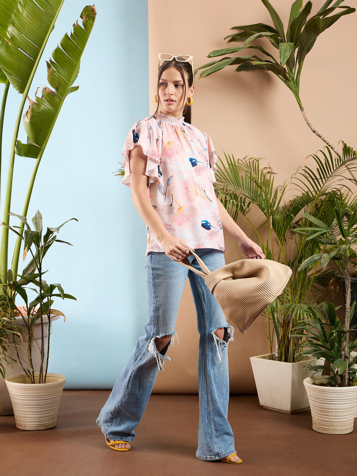 Peach Floral Smocked Neck Regular Top-SASSAFRAS