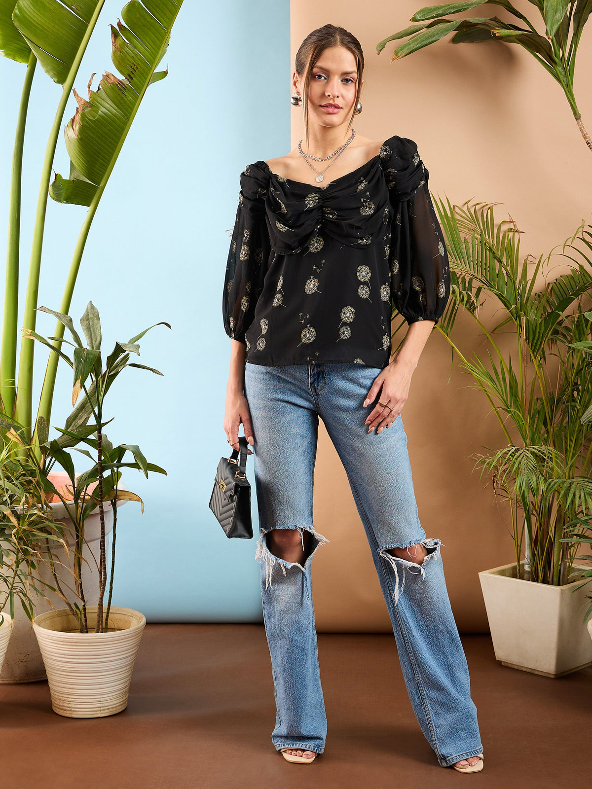 Black Floral Ruched Cowl Neck Top-SASSAFRAS