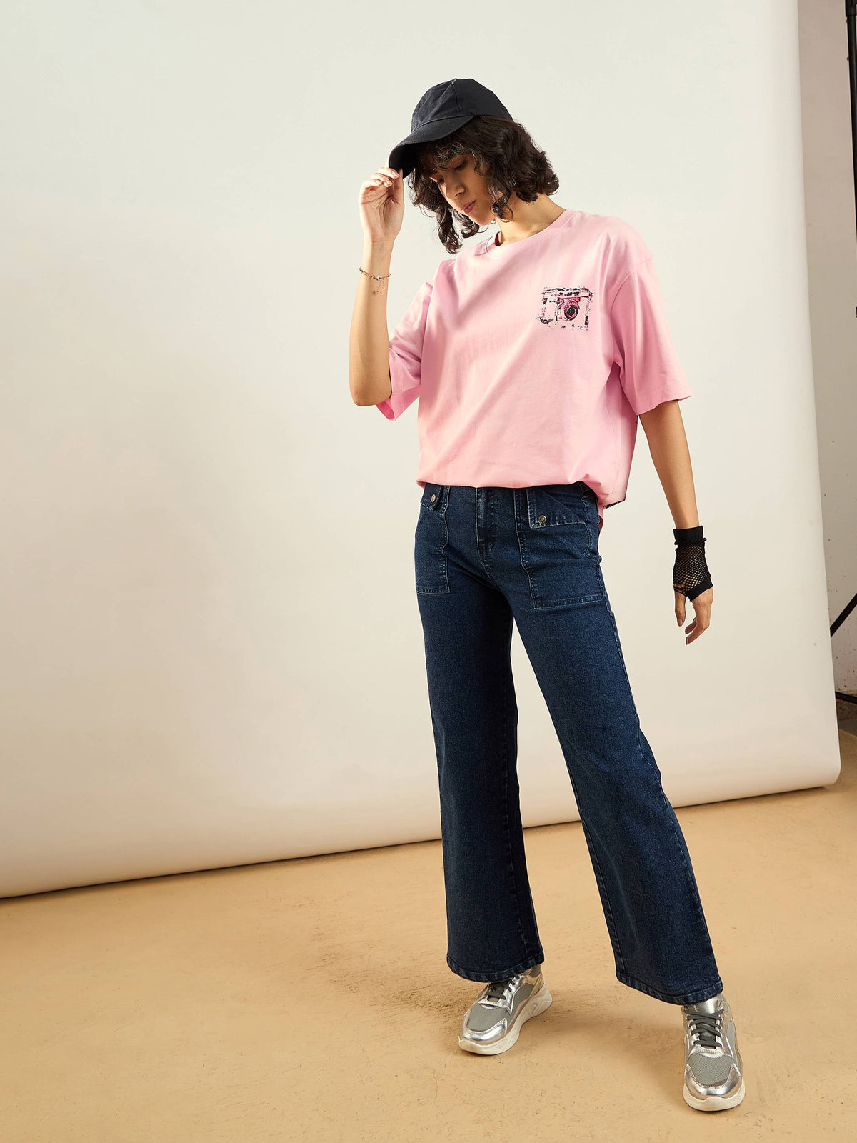 Pink Camera Printed Oversize T-shirt-SASSAFRAS