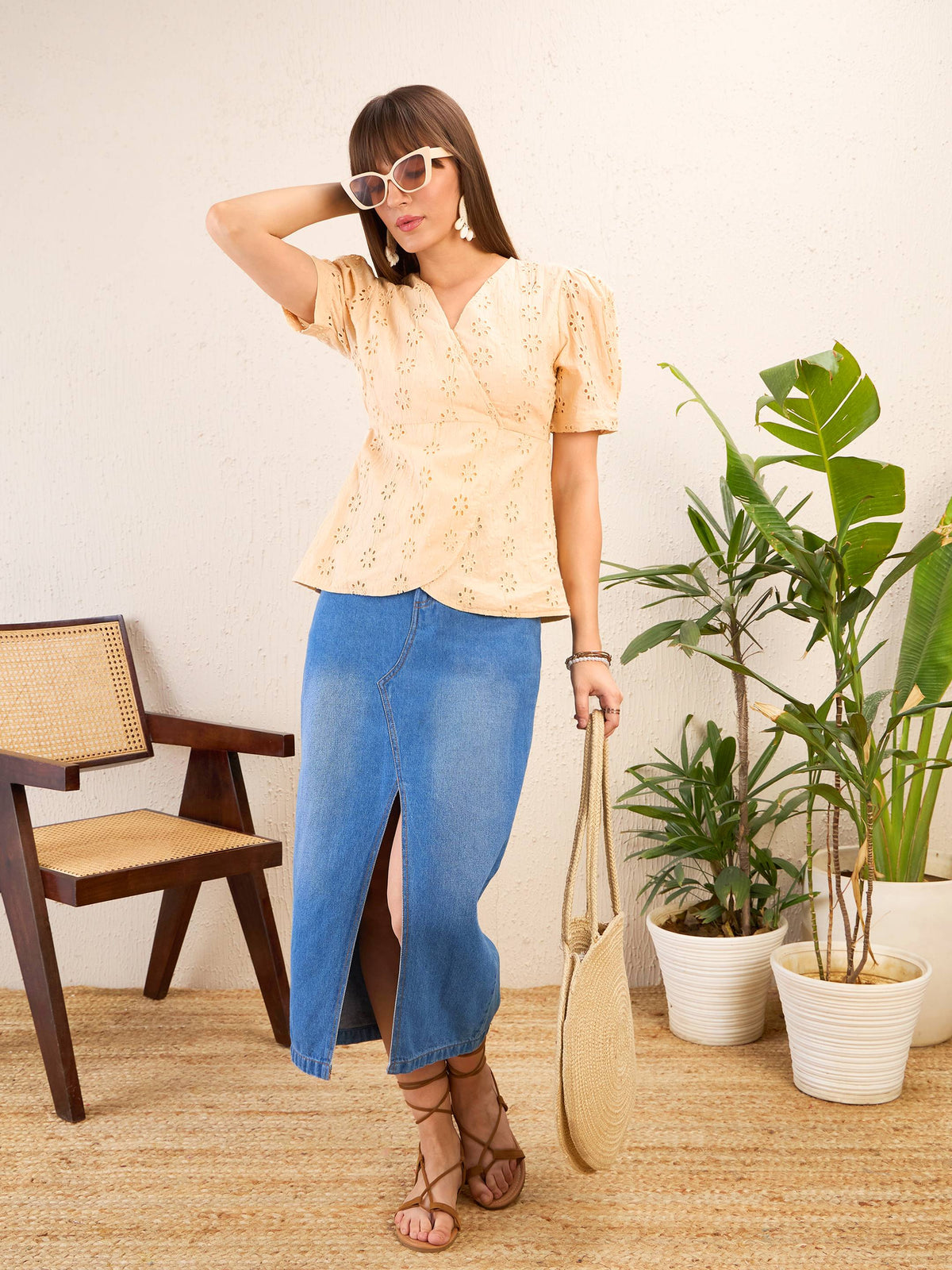 Beige Schiffli Wrap Peplum Top-SASSAFRAS