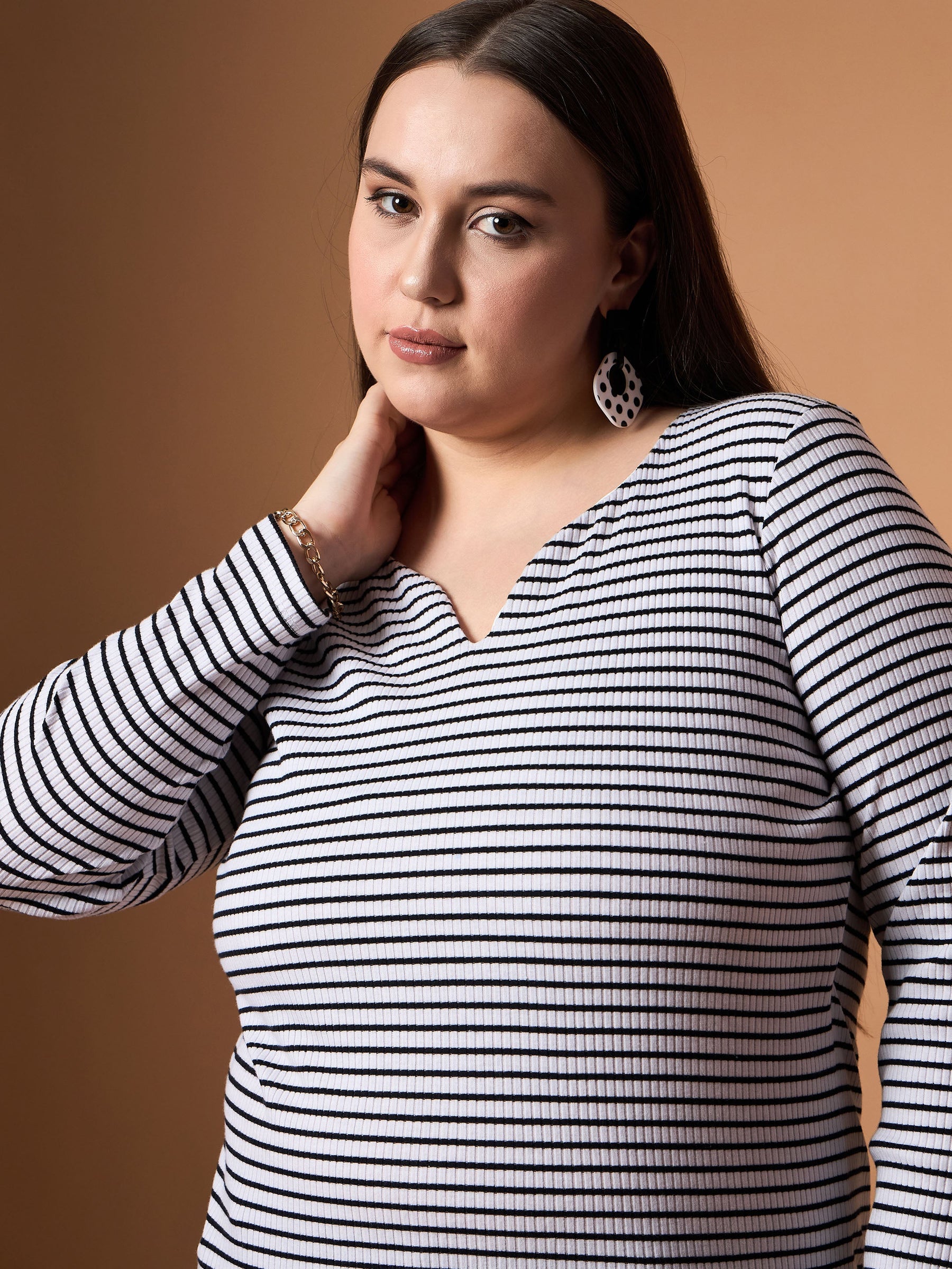 Black & White Rib Stripe Full Sleeves Top-SASSAFRAS Curve